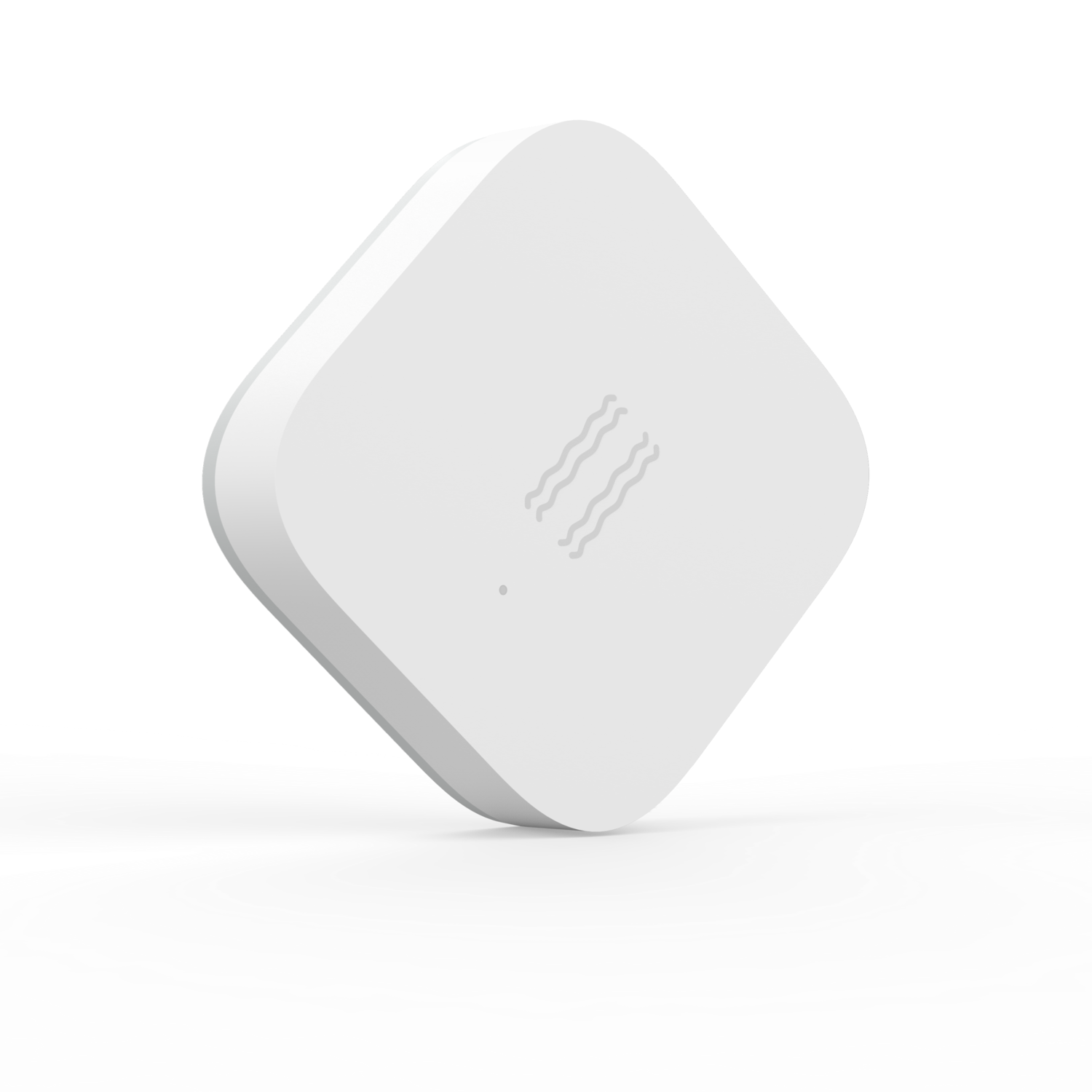 A white, square-shaped device with rounded edges, slightly tilted. Three wavy lines are on the top, and it rests on a white surface.