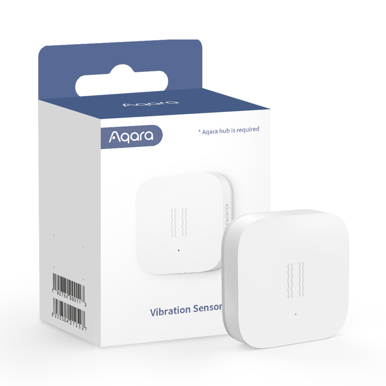 White Aqara Vibration Sensor and box. Box has Aqara logo, product name, and barcode. Sensor is a small white square.