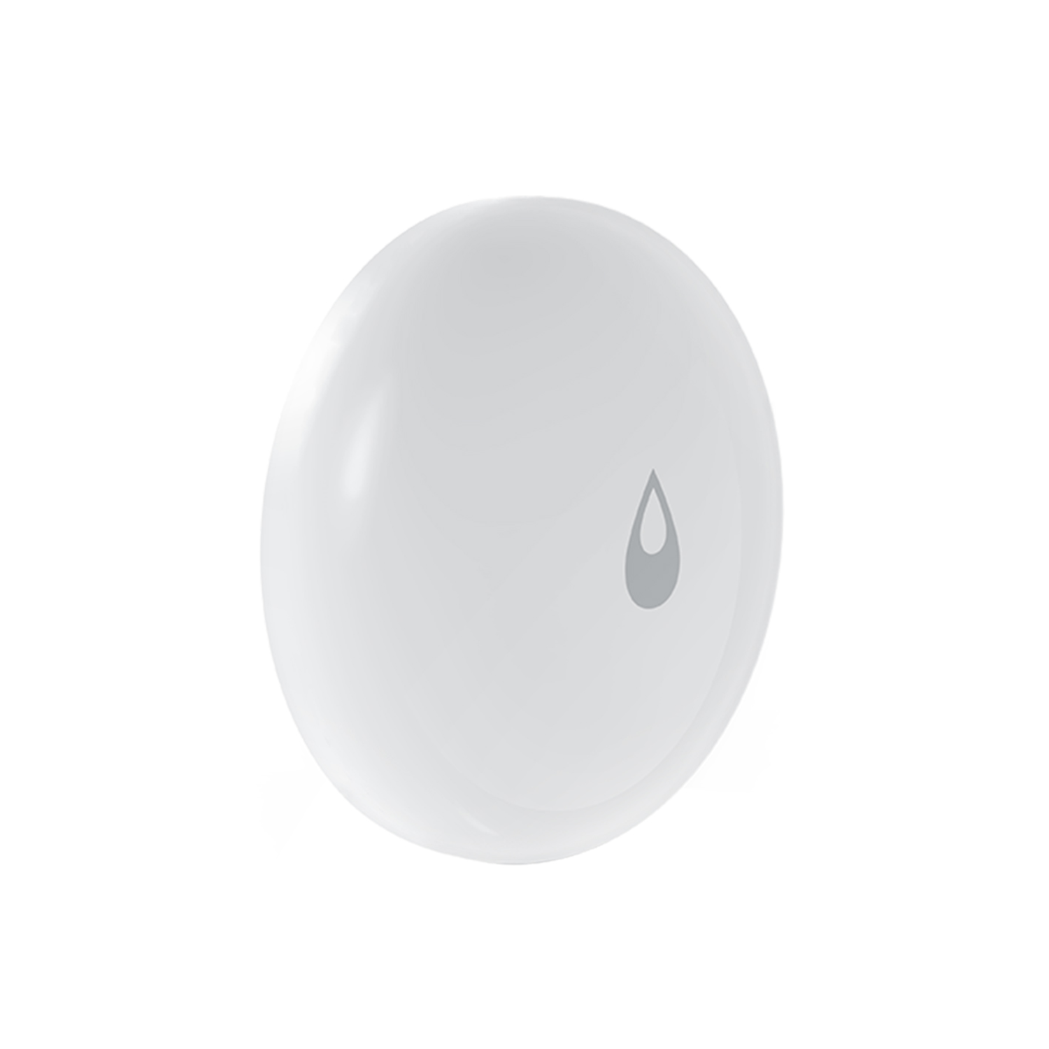A white, round object with a gray droplet symbol on its surface, set against a white background.