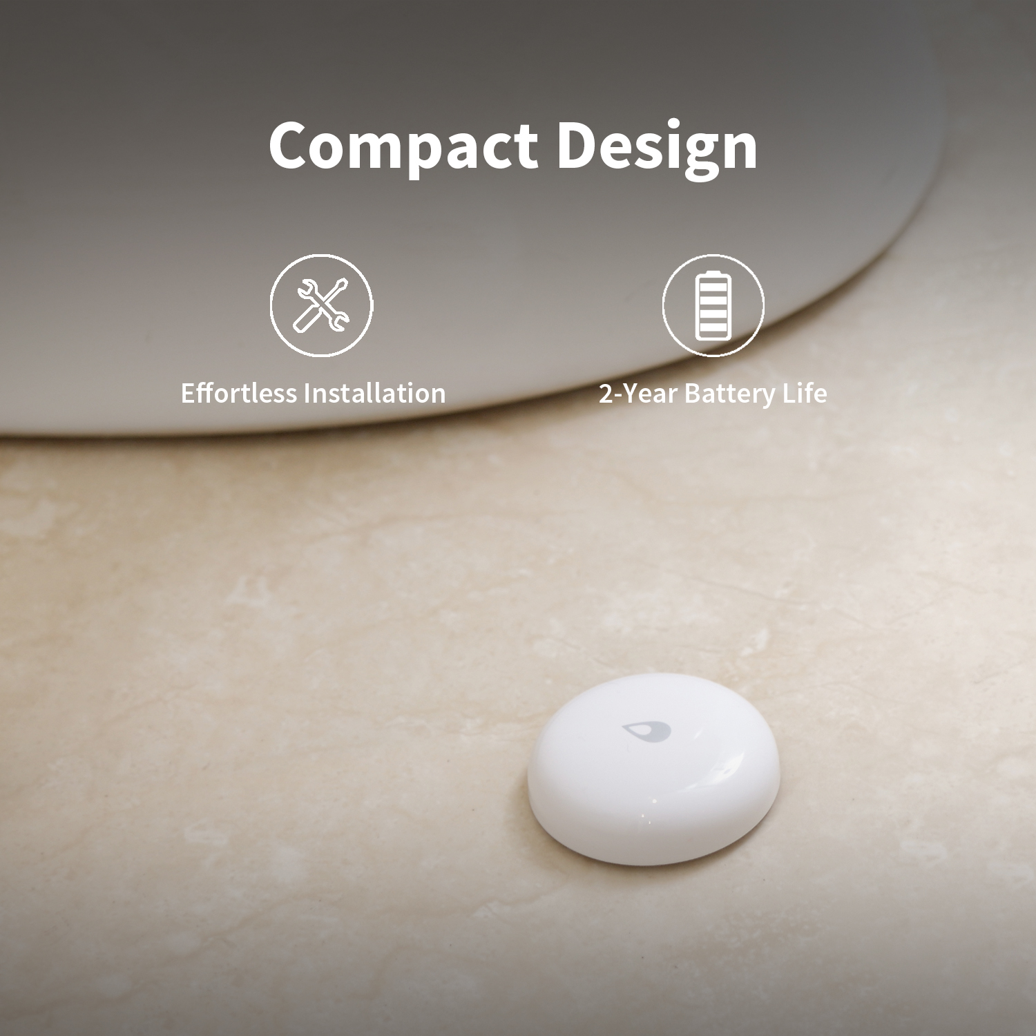 A white circular device with a water drop icon is on a light-colored tiled surface. In background, text reads 'Compact Design'.