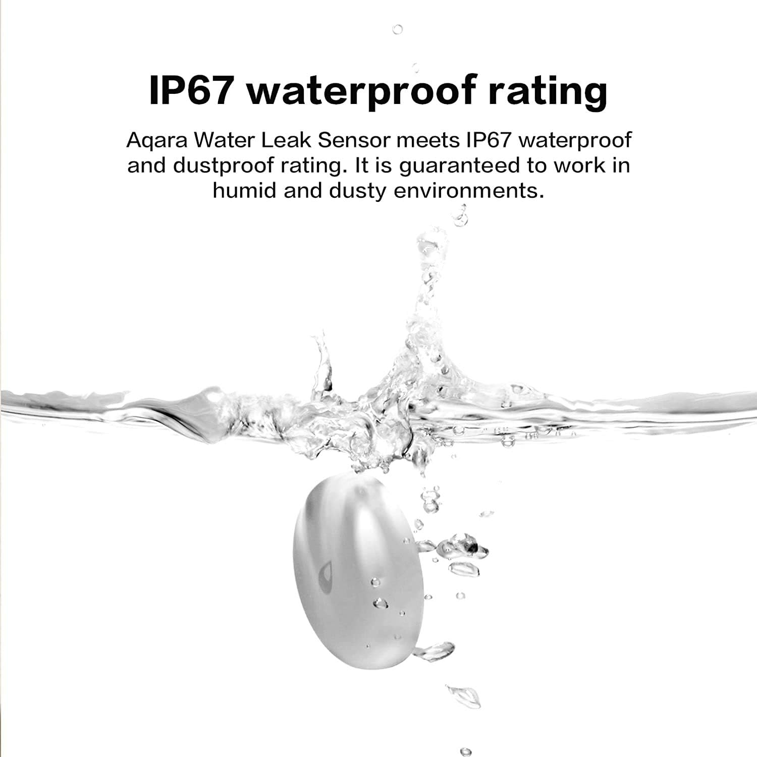 A silver sensor submerged in water. Water droplets and splashes surround the sensor. Text: IP67 waterproof rating.