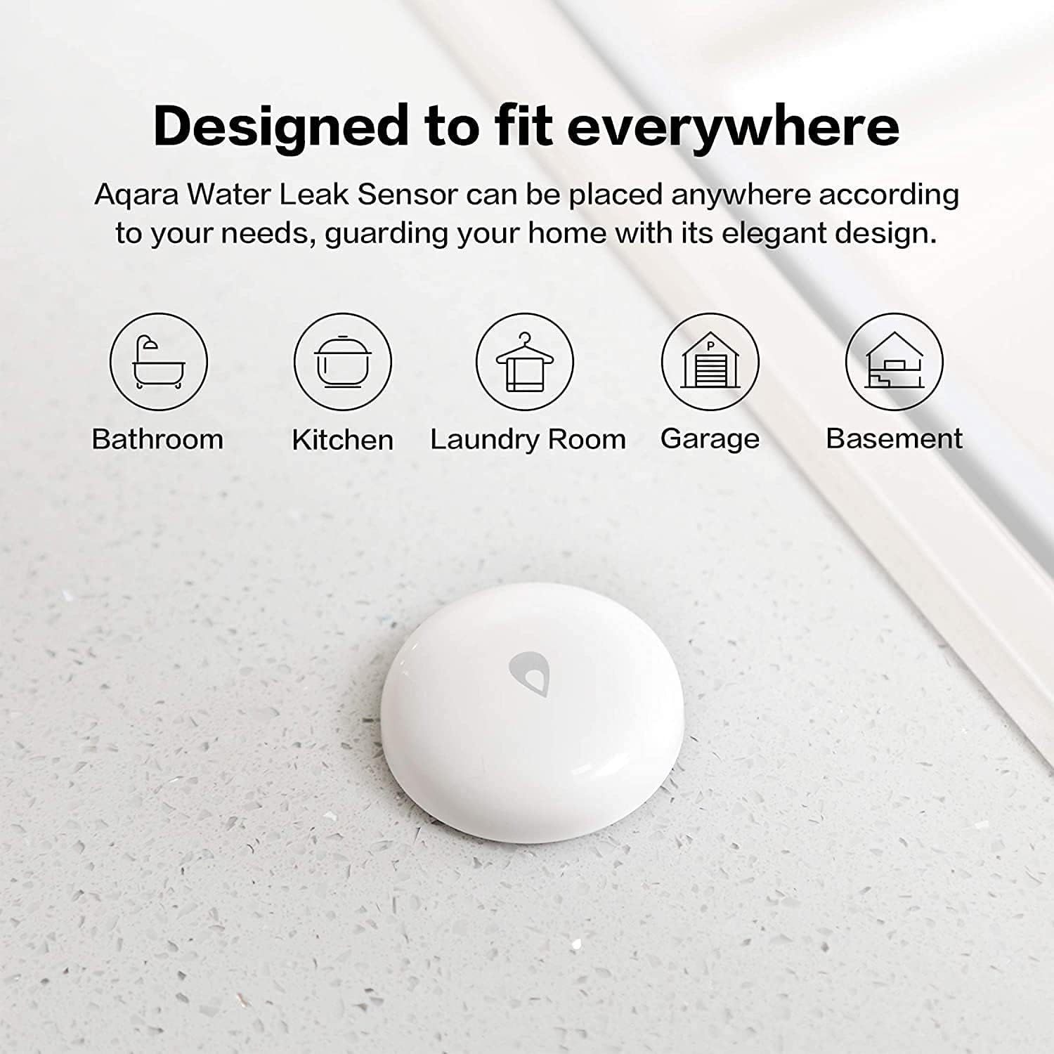 White Aqara water leak sensor on a countertop. Above are icons for bathroom, kitchen, laundry, garage, and basement.