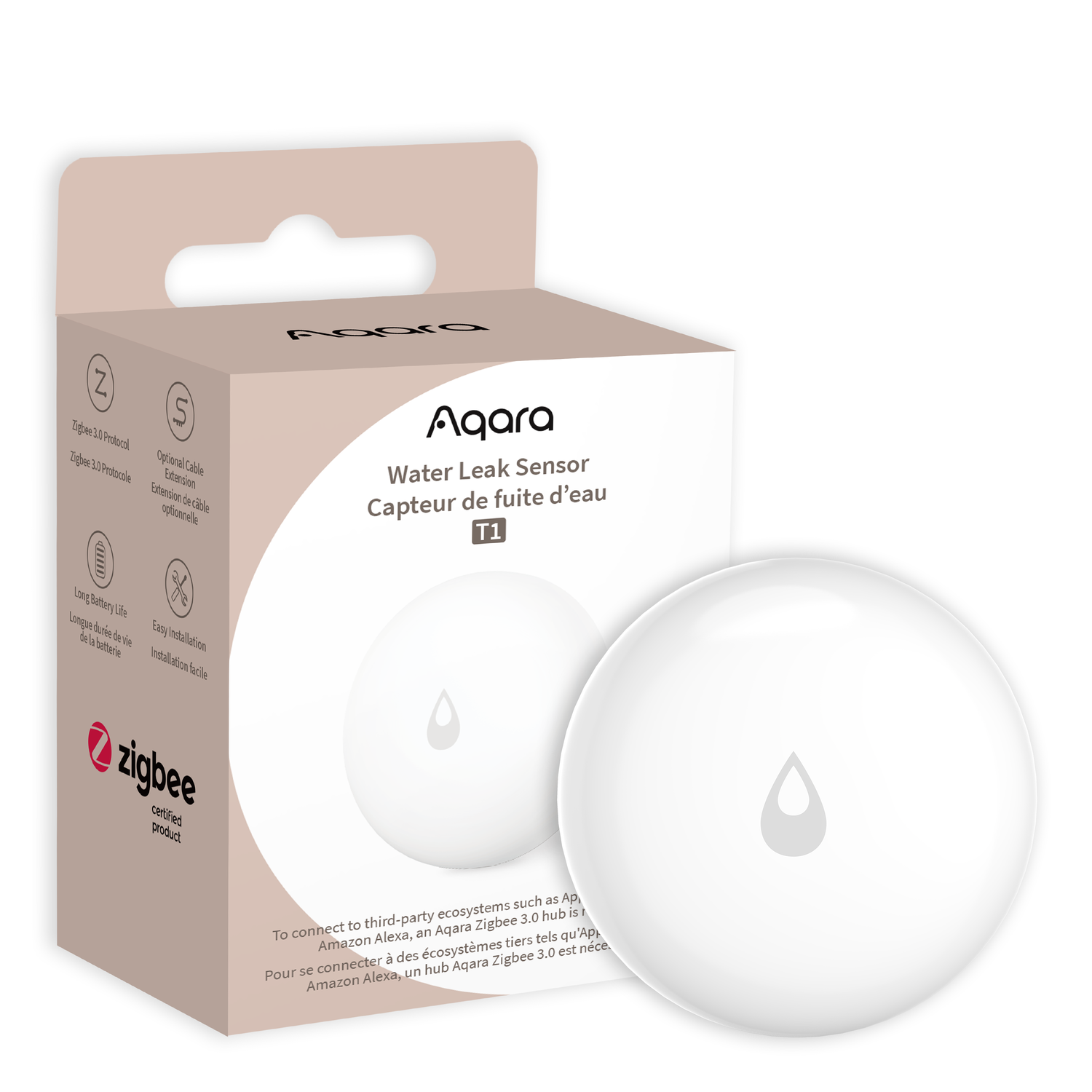 A white Aqara Water Leak Sensor box and product. Features include Zigbee, long battery life, and easy installation.