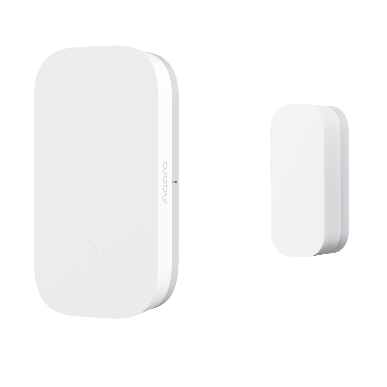 Two white rectangular devices on a black background. One larger, with the brand name 'Aqara'; the other smaller, both with rounded edges.