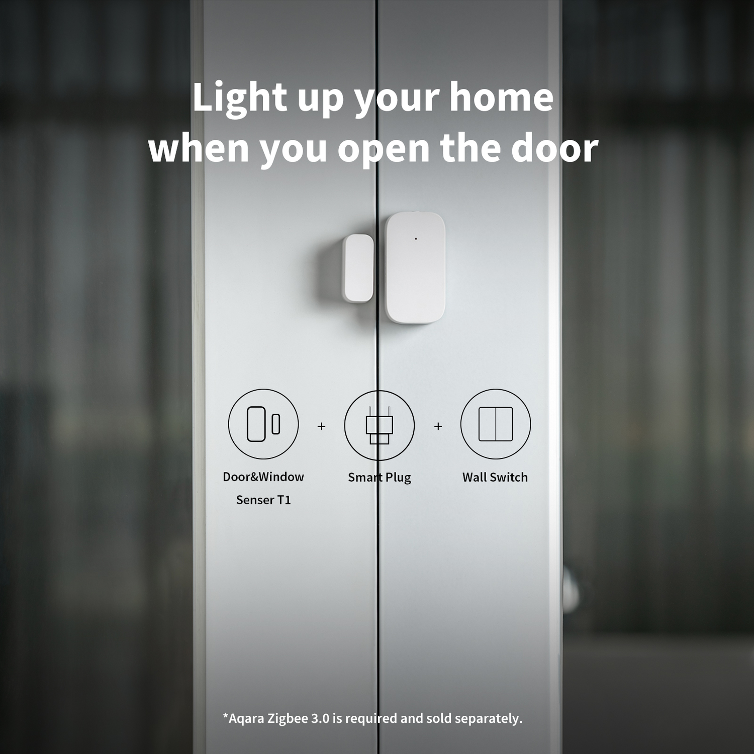 White door with two sensors, text: Light up your home when you open the door, with symbols for Door sensor, Smart Plug, and Wall Switch.