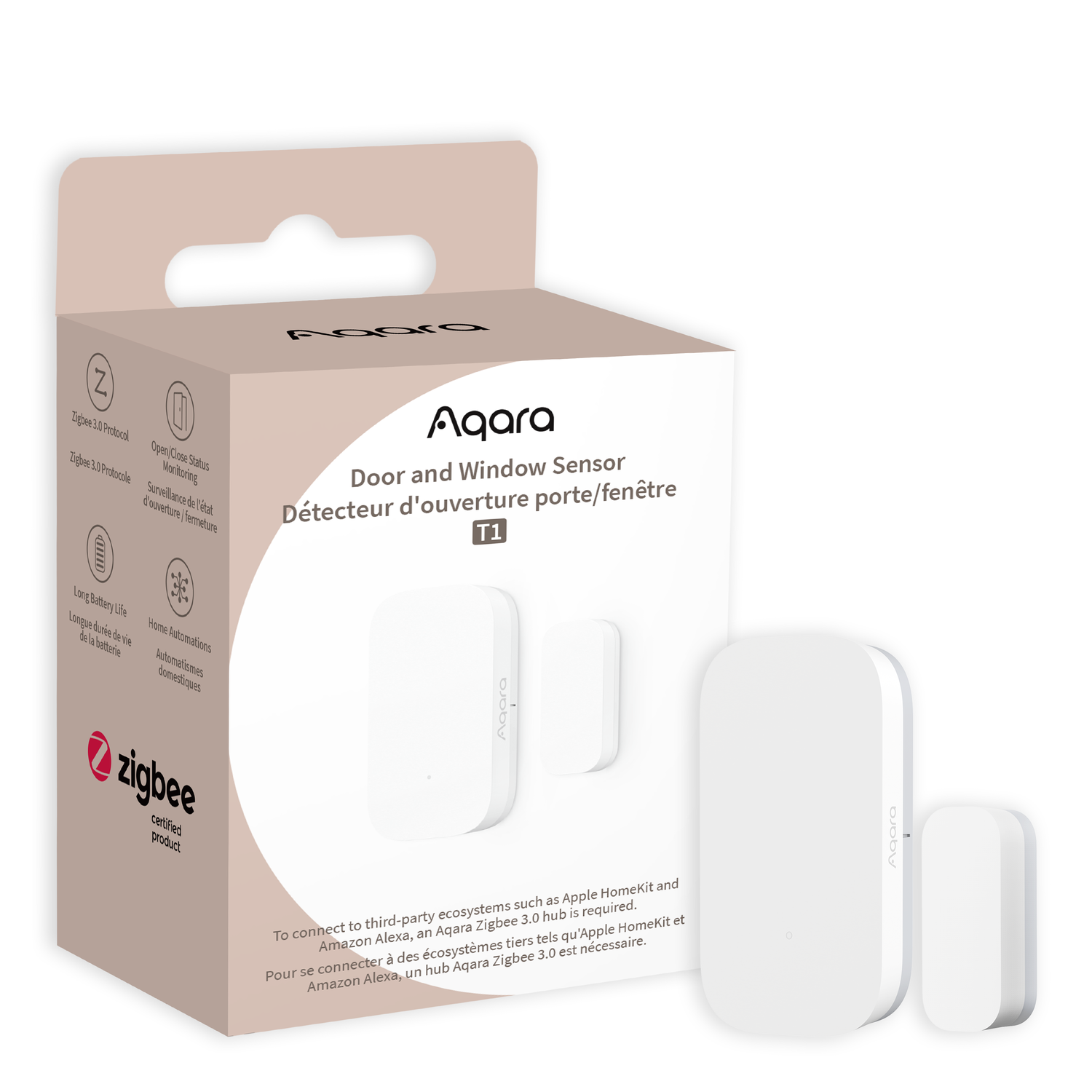 Aqara door and window sensor. Box and sensors are white. Text on box: Zigbee, Door and Window Sensor.