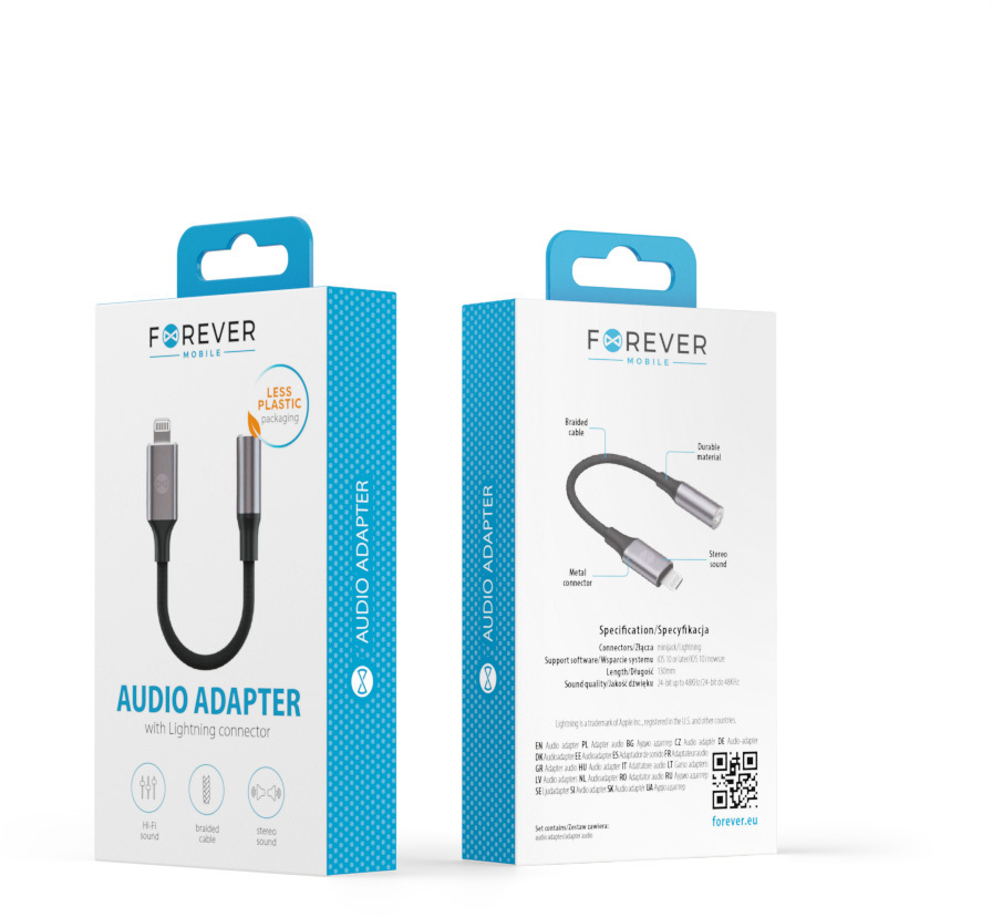 A termékdoboz egy audio adaptert mutat Lightning csatlakozóval. A szöveg és a képek a funkciókat és a márkát mutatják.