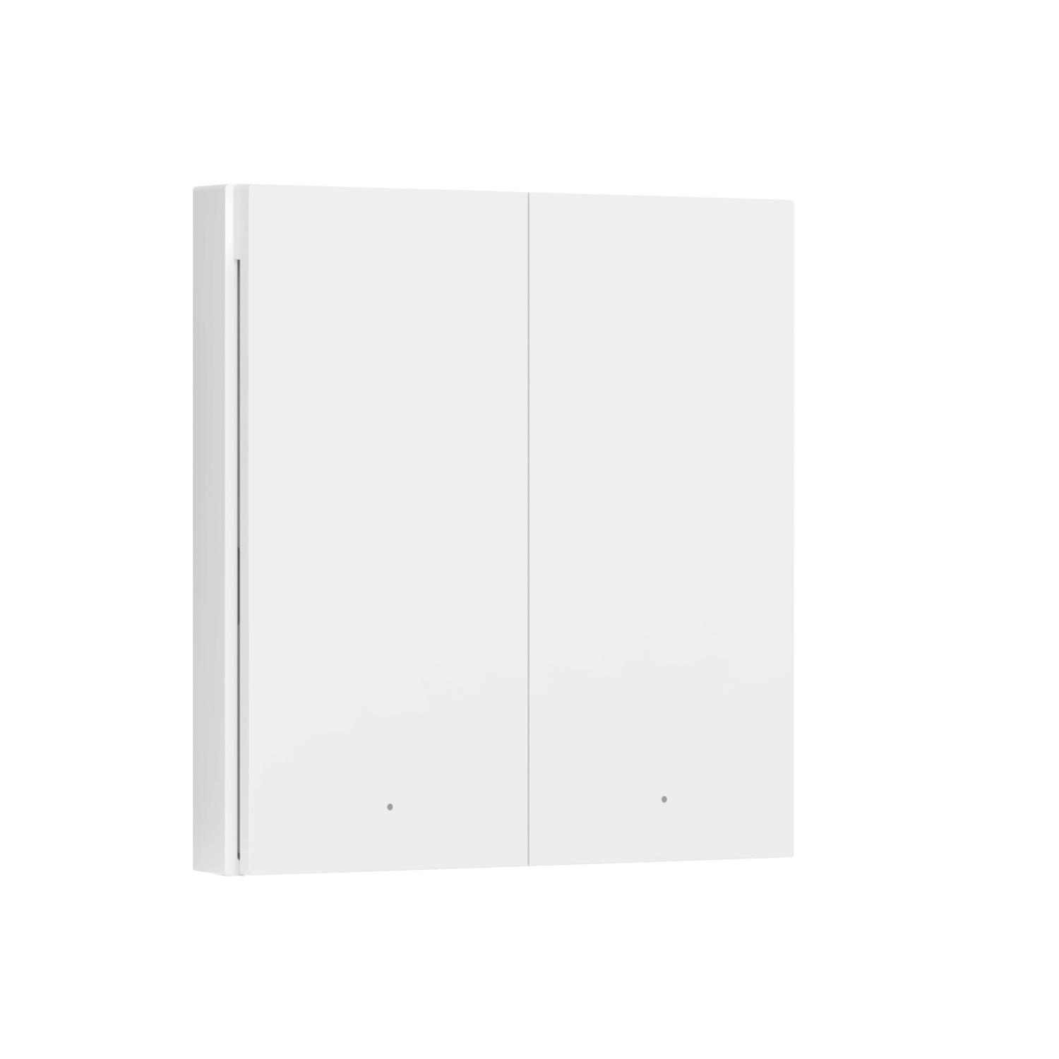 A white, closed cabinet with two doors. The background is black. Small lights are visible below the doors.