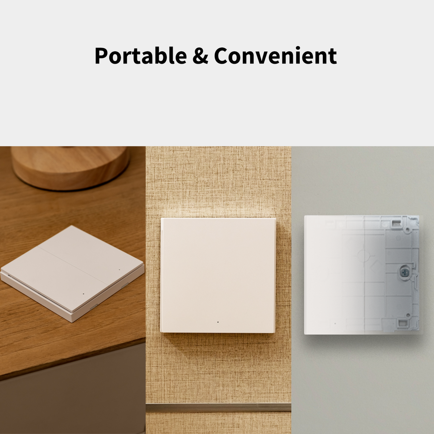 Three white square light switches. One on wood, one on textured wall, one showing the inside.