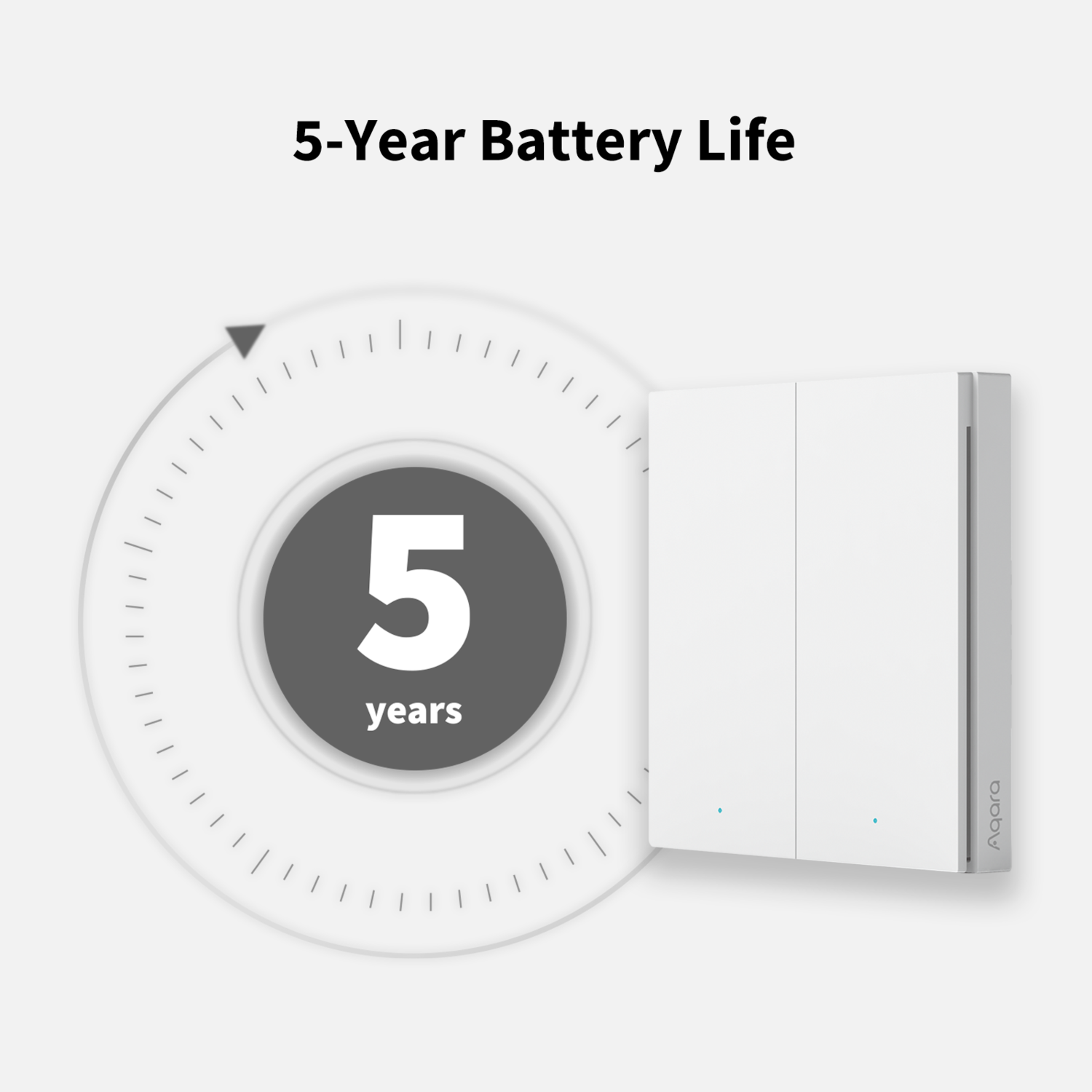 White light switches with blue dots, a dial showing '5 years' battery life.