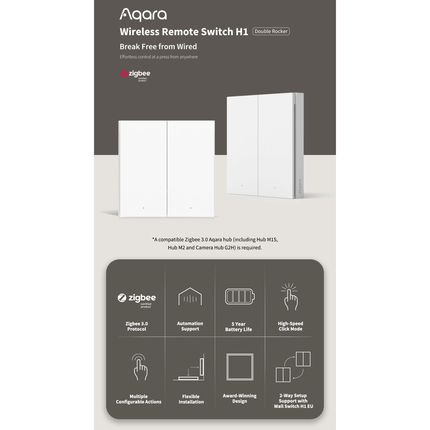 White Aqara Wireless Remote Switch H1. Features include Zigbee 3.0, automation support, 5-year battery life, and high-speed click mode.