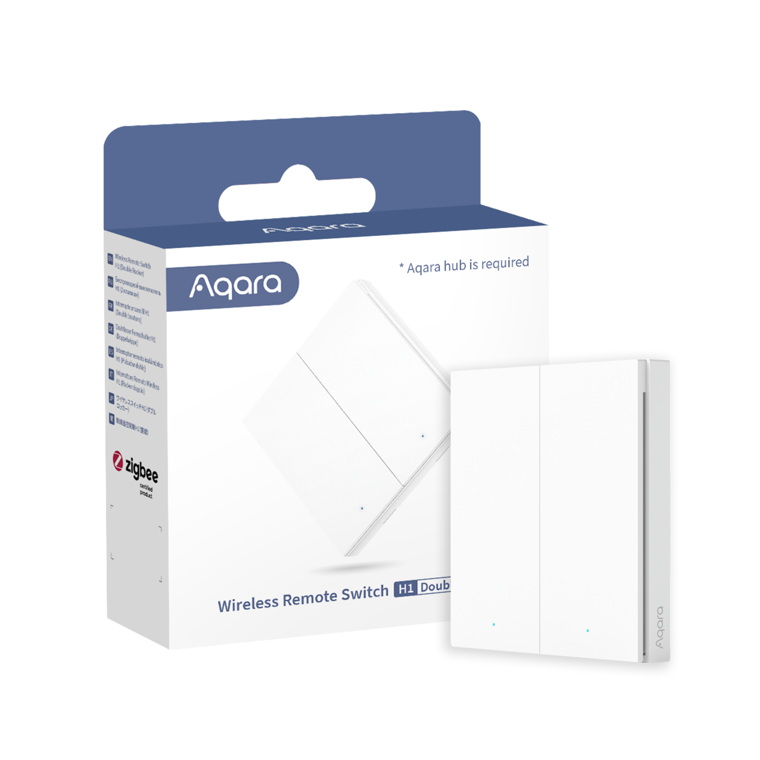 White Aqara Wireless Remote Switch H1 Double, with box, text reads: Aqara hub is required, Zigbee certified product.