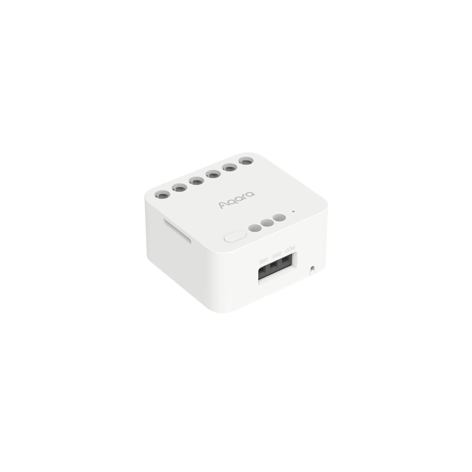 A white Aqara smart home device on a black background. It has connection ports and three buttons. The Aqara logo is visible.