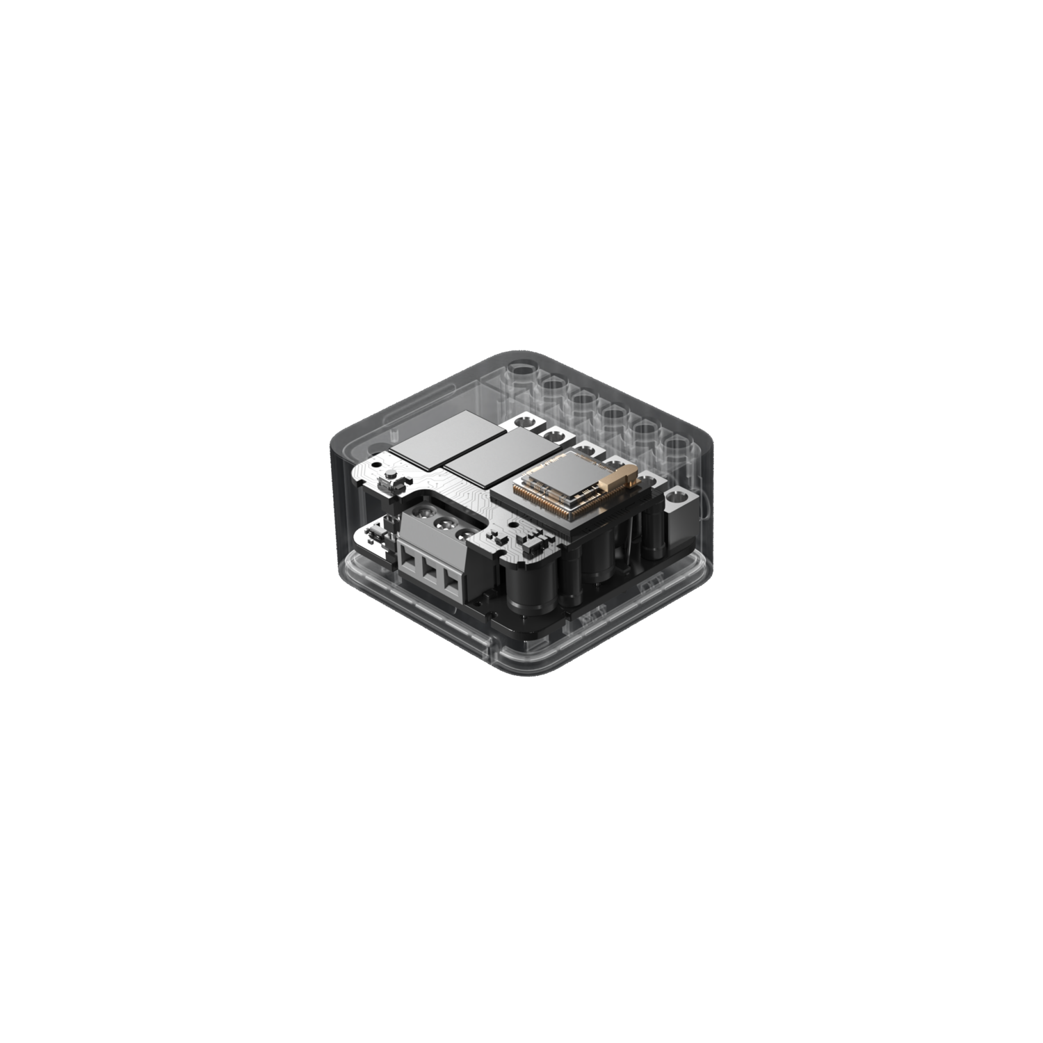 A transparent box containing electronic components. Inside, there are chips, circuits, and other technical elements.