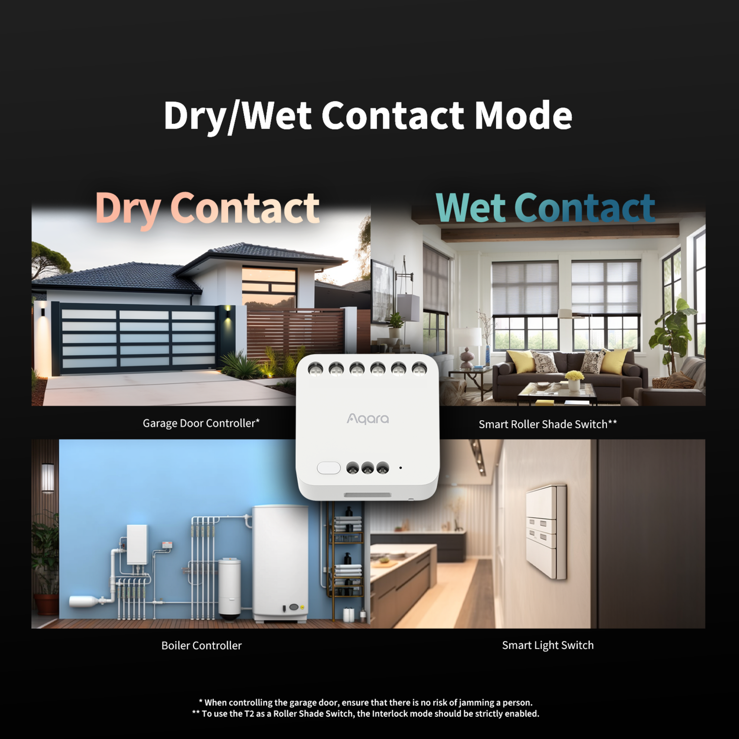 Image shows Dry/Wet Contact Mode. Includes examples: garage door, smart roller shade switch, boiler, smart light switch, and a white Aqara device.
