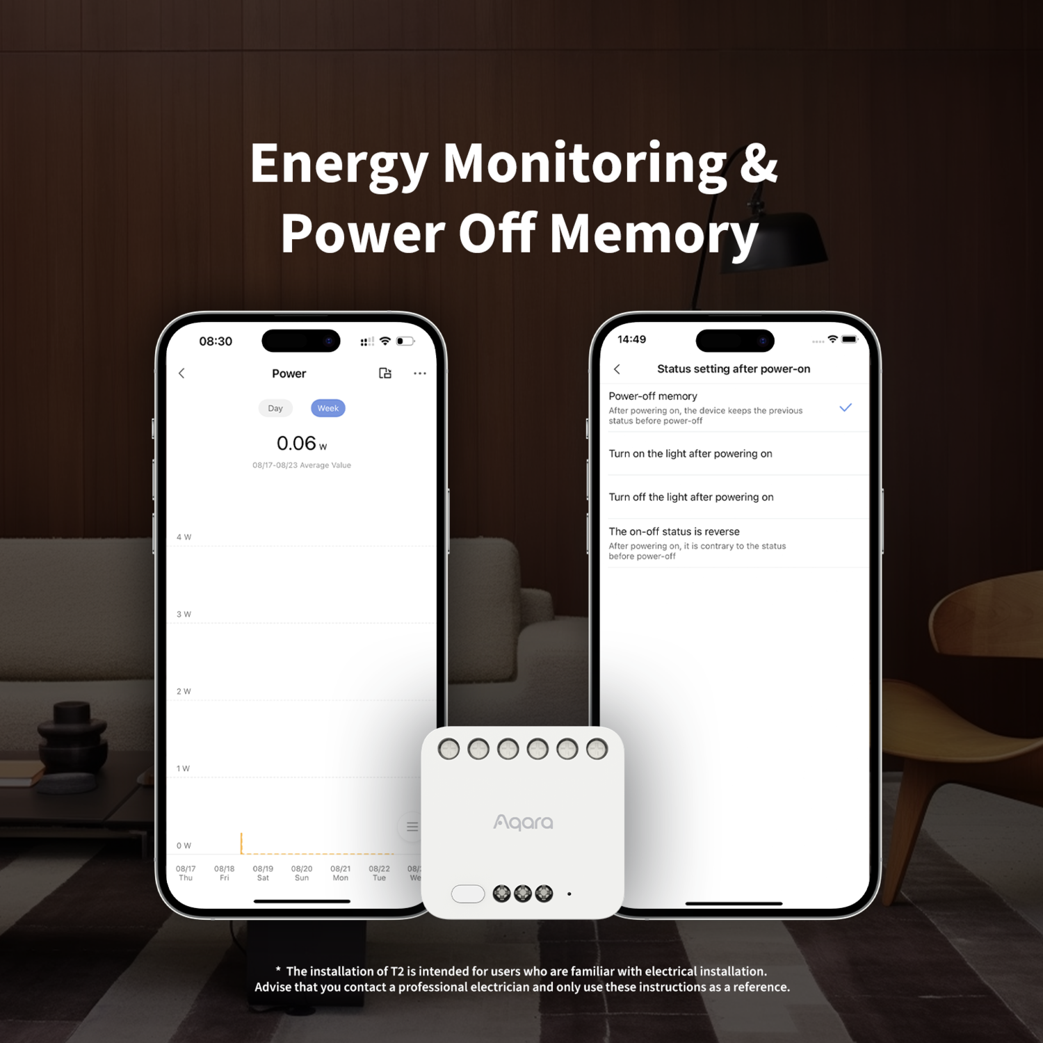 Two smartphones showing energy monitoring and settings. A white Aqara device is at the bottom. Text: Energy Monitoring & Power Off Memory.