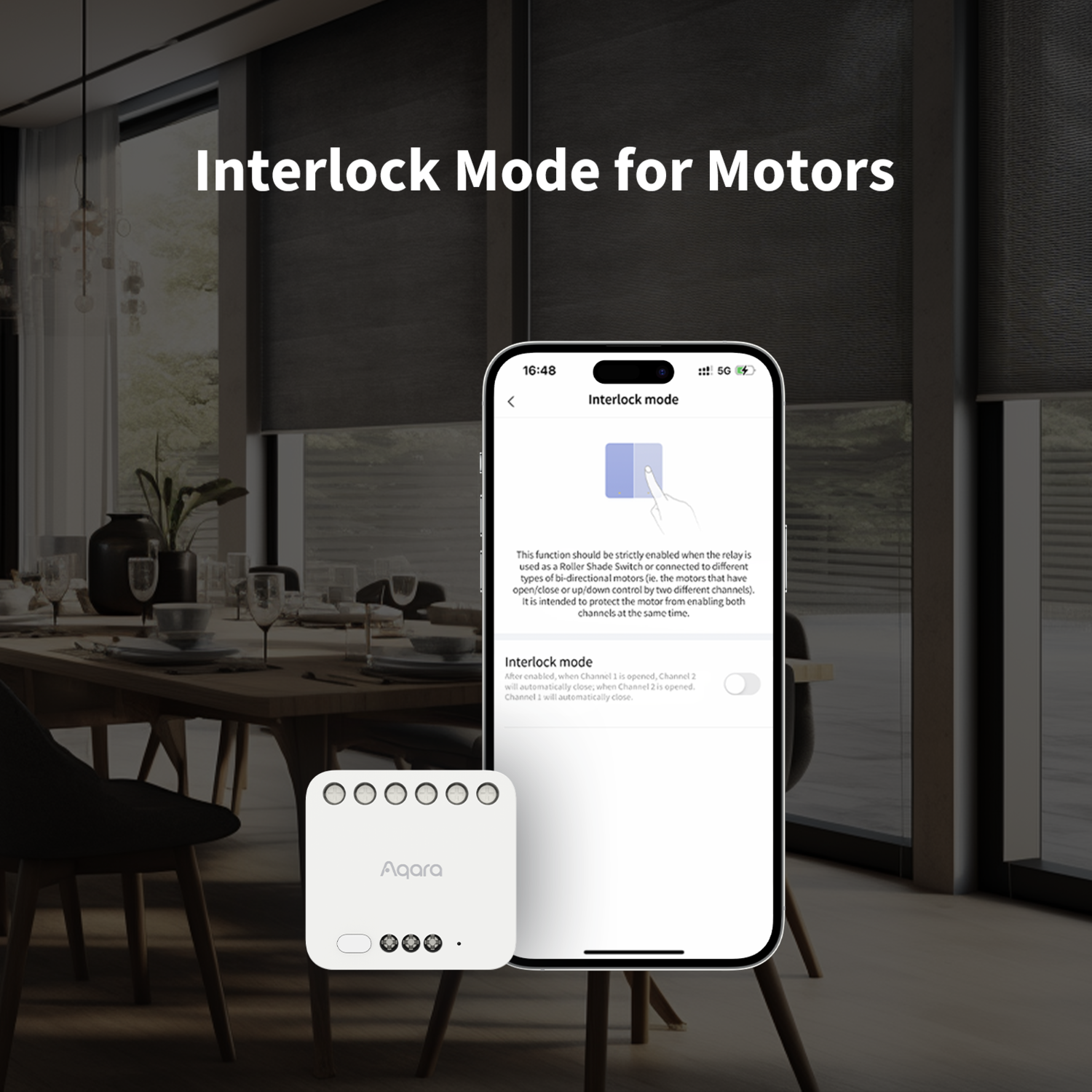 A phone showing Interlock mode, with a white Aqara device in the foreground, and a dining room in the background.