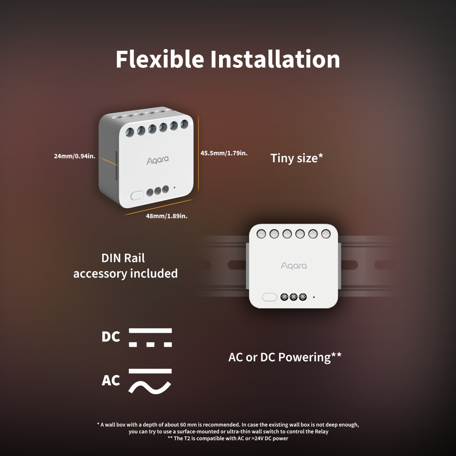 Diagram showing a white Aqara device with dimensions, text labels, and symbols for AC/DC power and installation options.