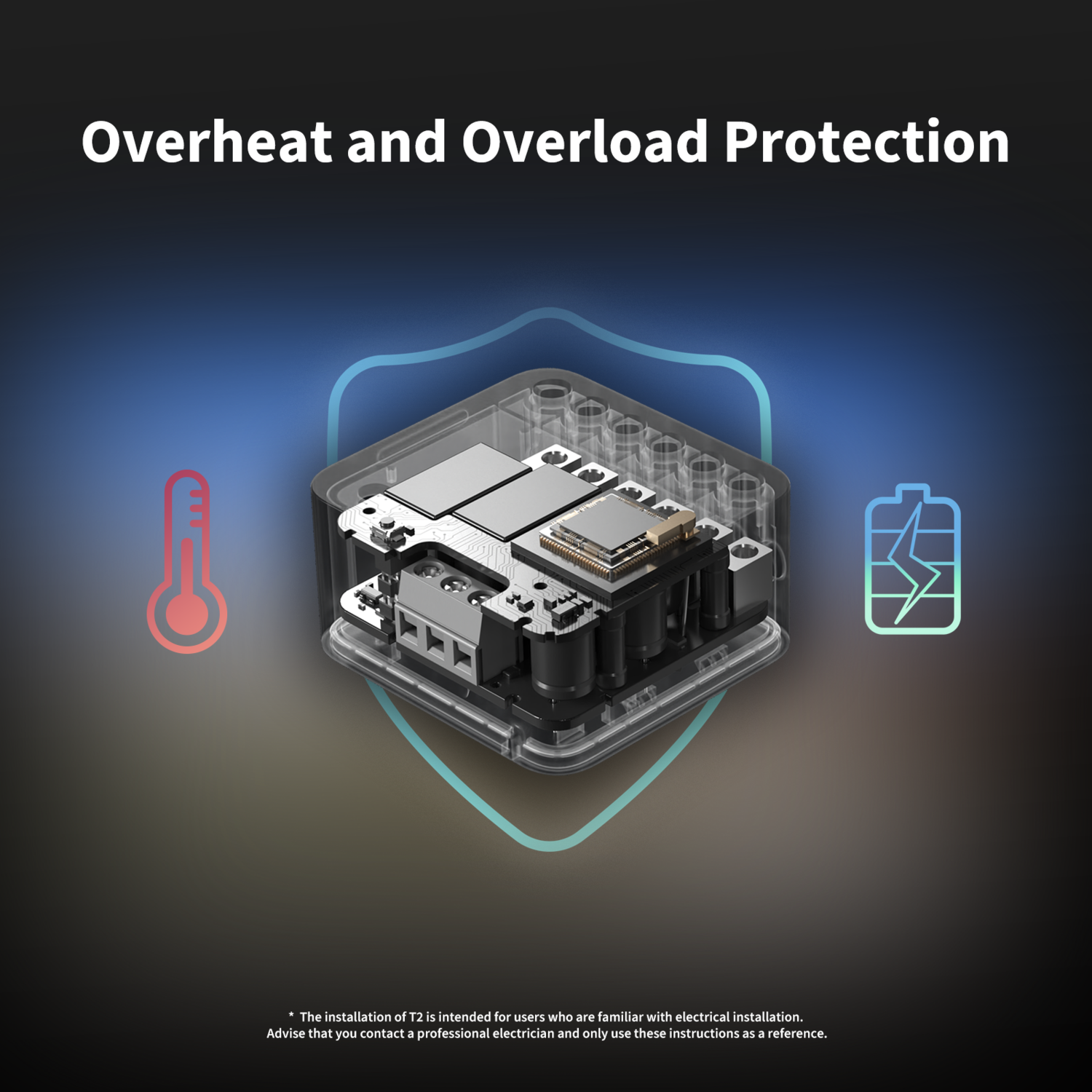 Diagram showing an electronic device, a thermometer, and a battery icon. Text reads 'Overheat and Overload Protection'.