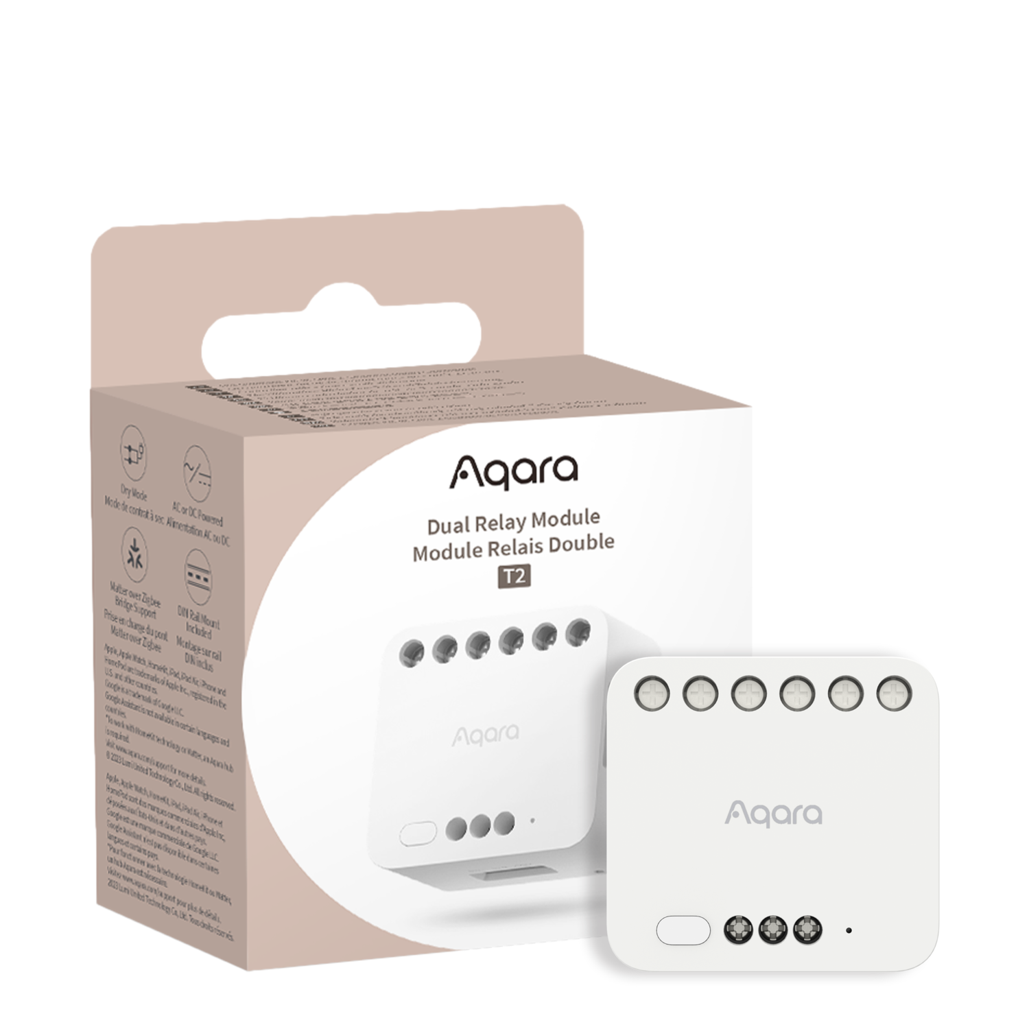 White Aqara Dual Relay Module T2 box and product. Text includes features and logos. Product has buttons and ports.