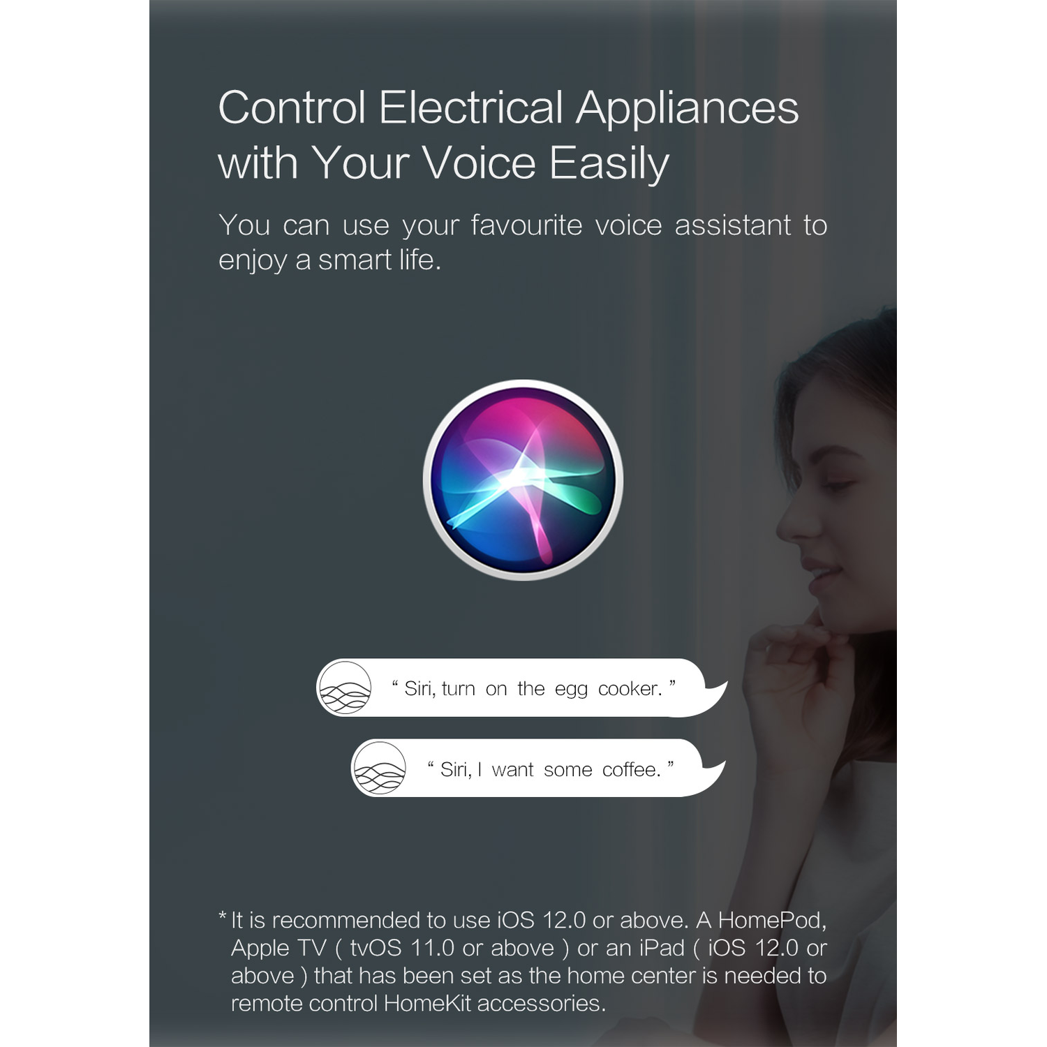 Afbeelding toont spraakbesturing van apparaten met Siri. Een vrouwengezicht, Siri-logo en tekstprompts zijn aanwezig. Grijze achtergrond.