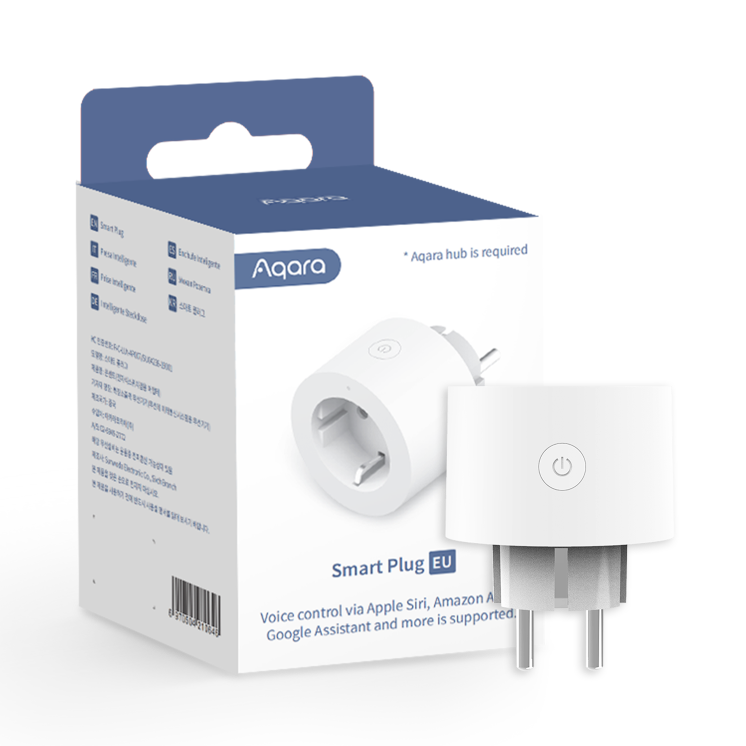 Een witte slimme stekker met een doos. Op de doos staat 'Aqara' en 'Smart Plug EU'. Het ondersteunt spraakbesturing via Apple Siri en Google Assistant.