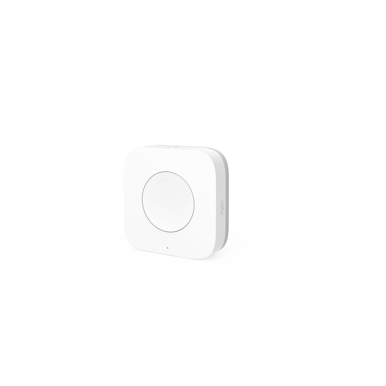 A white square device with a central circle. The device is slightly raised, casting a shadow on the black background.