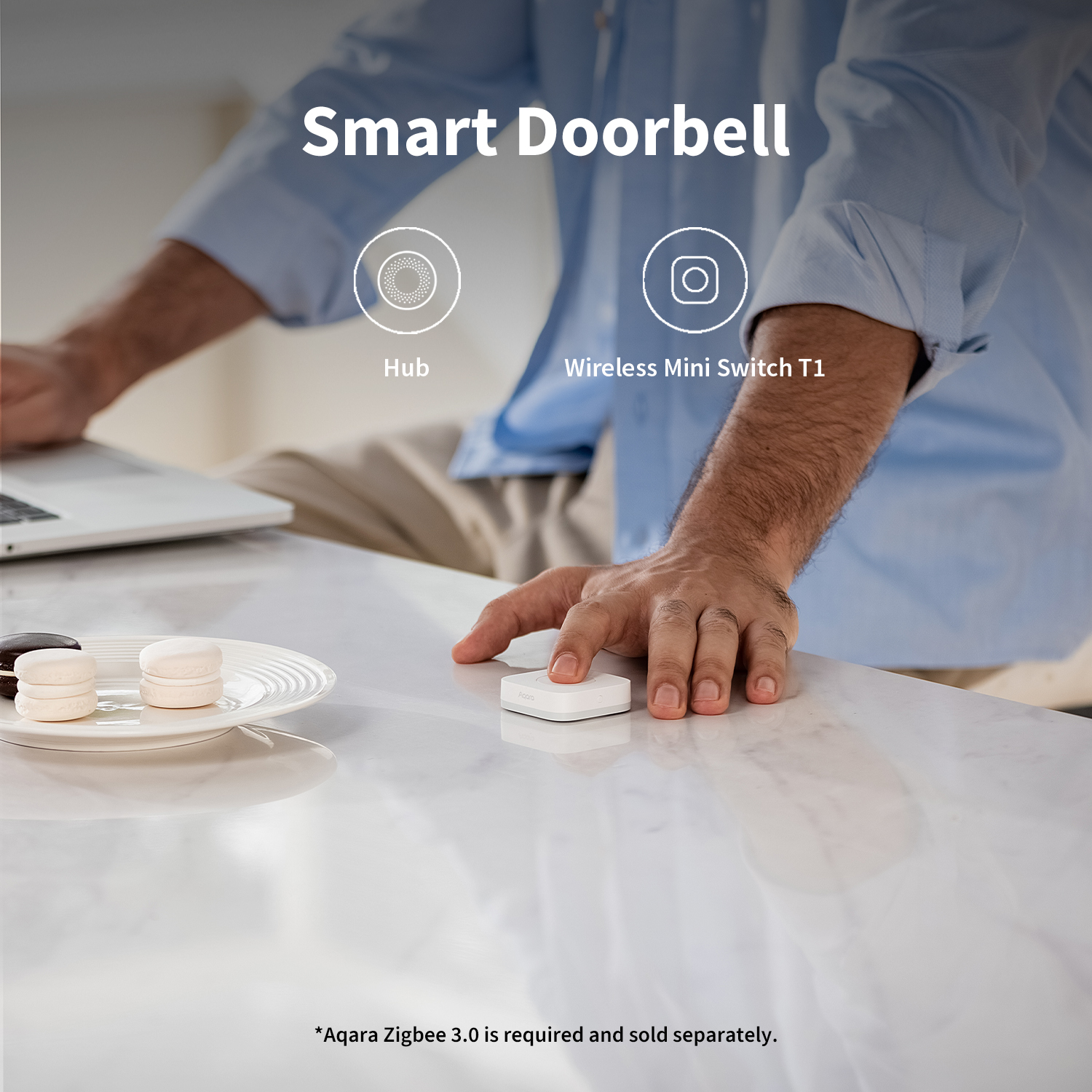 A hand touches a white switch. A plate with macarons sits on a table. Text says 'Smart Doorbell'.
