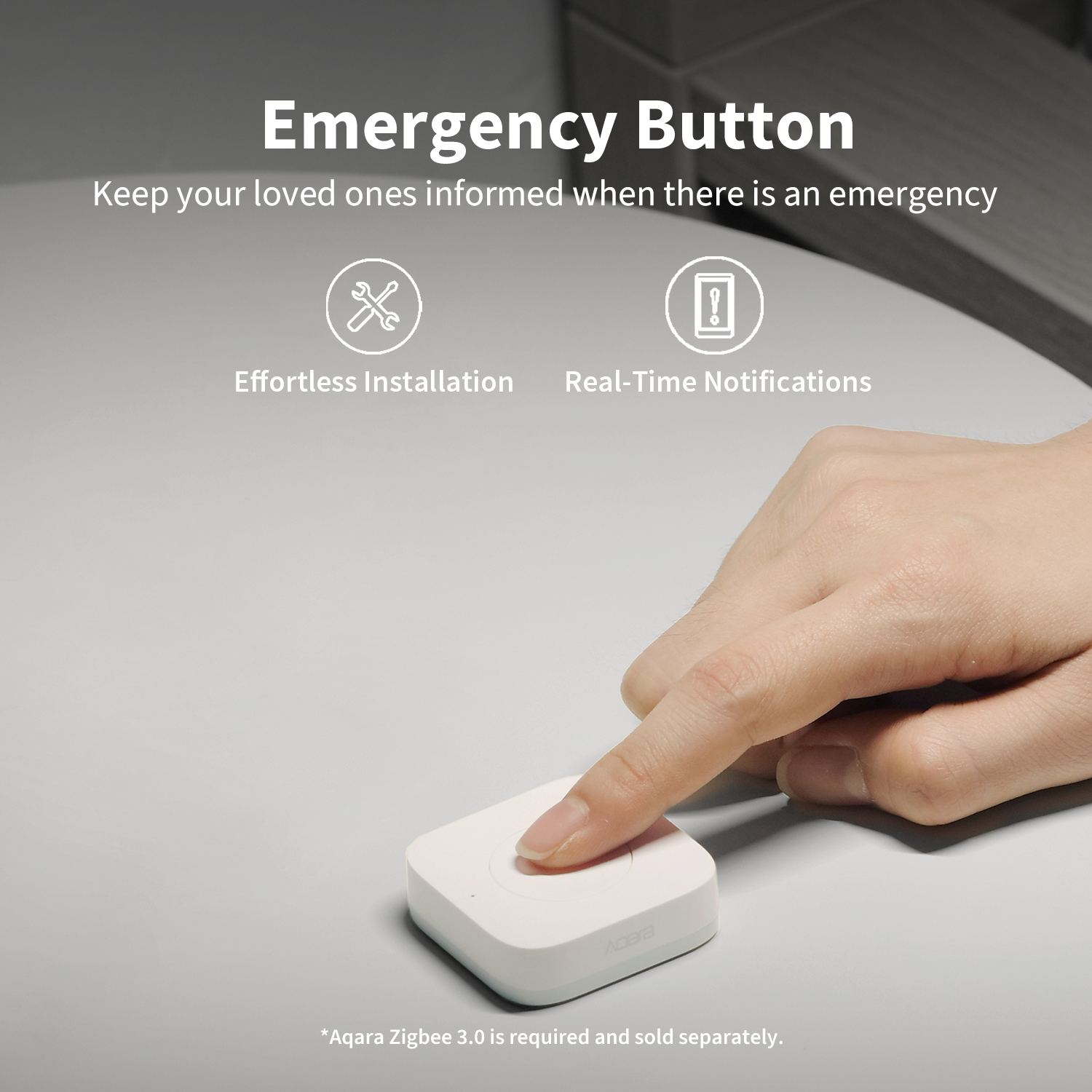 A hand presses a white emergency button on a table. Text above says 'Emergency Button'.
