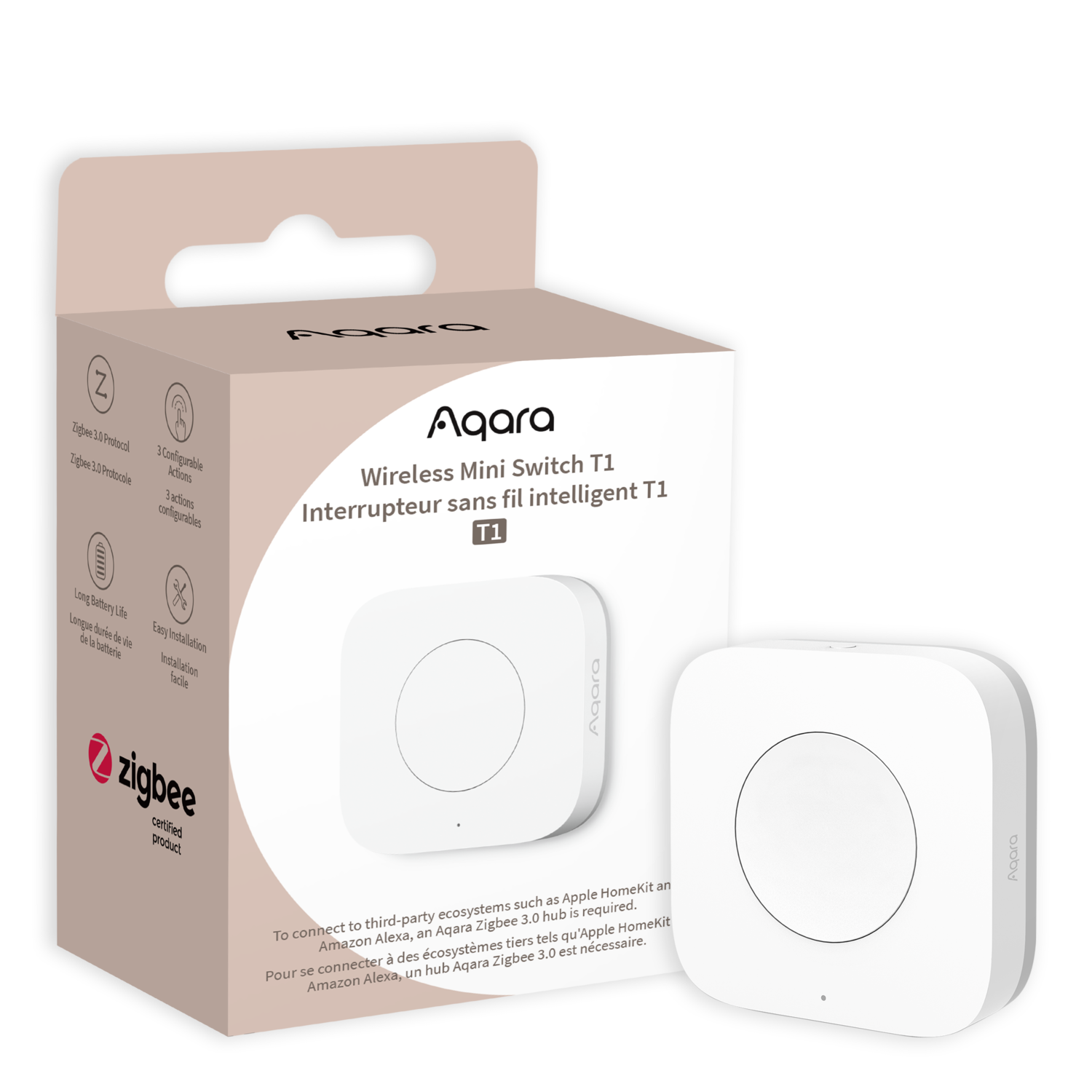 Aqara Wireless Mini Switch T1 box and device. The box is white with product info. The device is white, square with a circle in the middle.