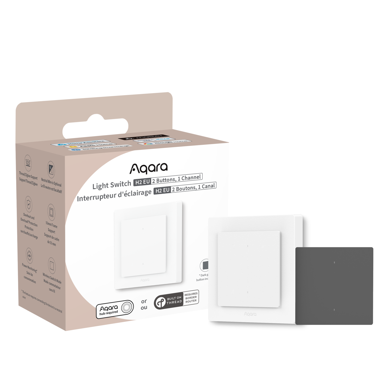 A white Aqara light switch box. It shows the switch itself, a dark gray button, and features like thread support and hub required.