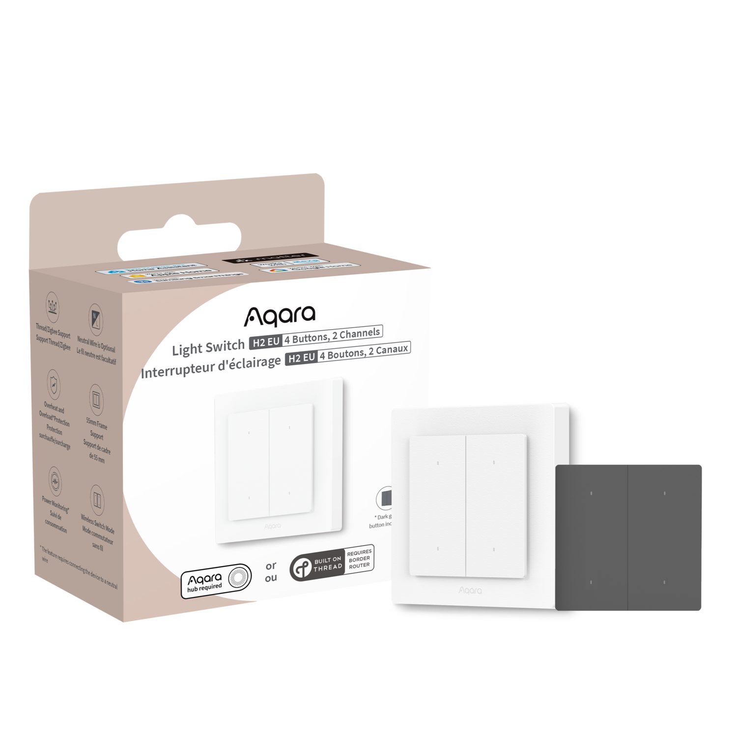Aqara Light Switch box with two white switches and a grey switch. Features include Thread/Zigbee support and wireless switch mode.