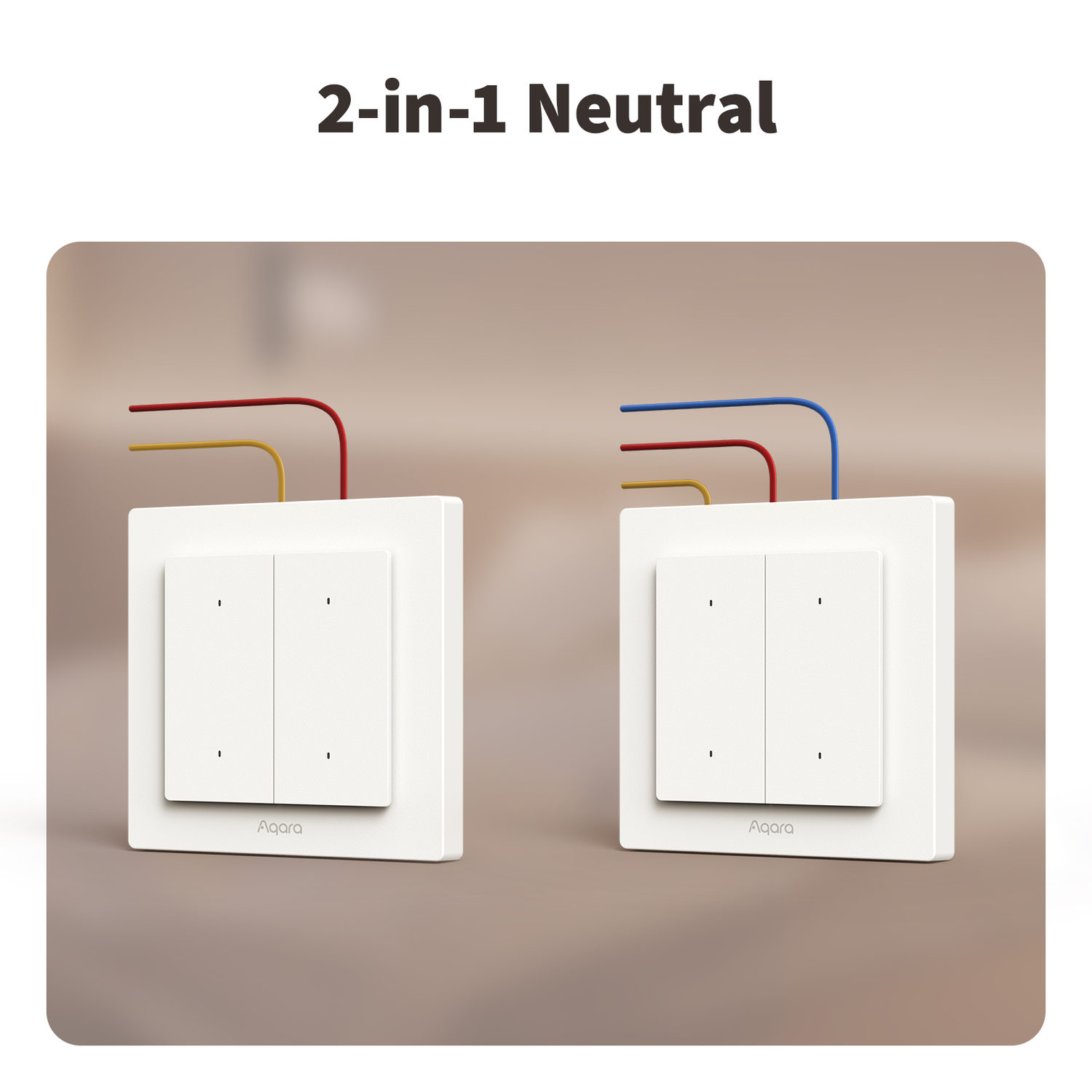 Two white Aqara smart light switches with colored wires, red, yellow, and blue, against a neutral background.