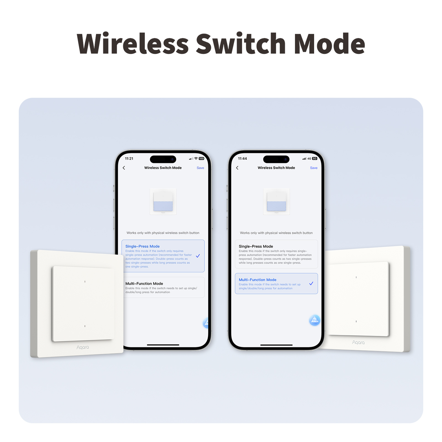 Image shows two smartphones with smart switch settings. There are two white smart switches on the sides. Text highlights switch modes.