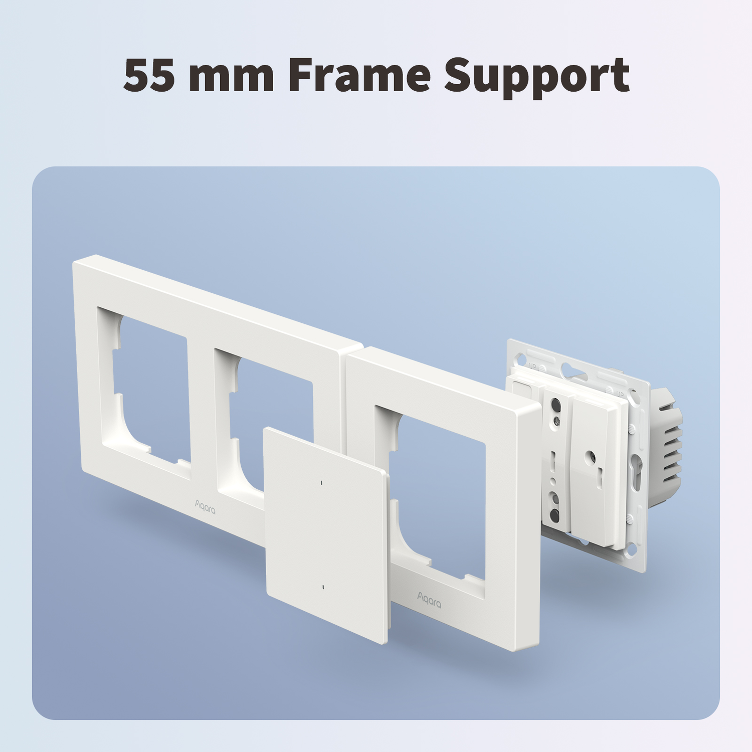 White 55mm frame support for a smart home device. Includes frame, faceplate, and the device itself. Background is blue.