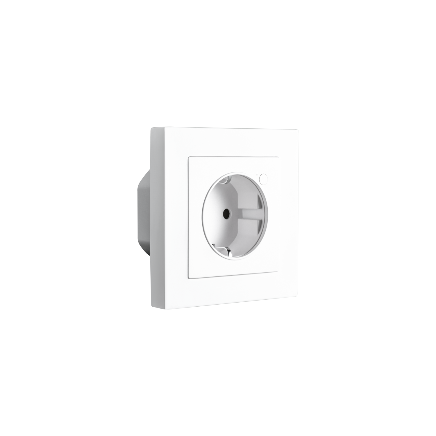 A white electrical outlet is centered on a black background. It has a square faceplate and a circular receptacle.
