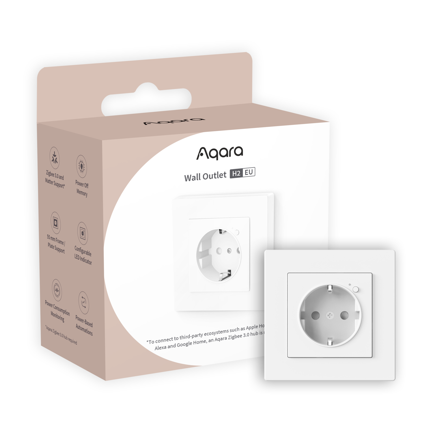 A white Aqara Wall Outlet H2 EU box and outlet are displayed. Features like Zigbee 3.0 and power monitoring are highlighted.