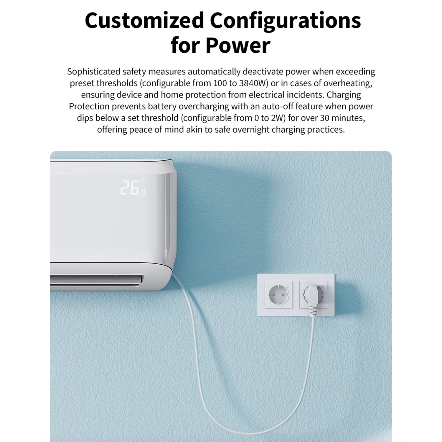 A white AC unit with a display showing 26.0°C, connected to a wall outlet with a white cable. The background is light blue.