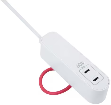 Presa multipla bianca con due porte USB-C e un anello rosso. Ha un cavo bianco. È etichettata 60W PD.