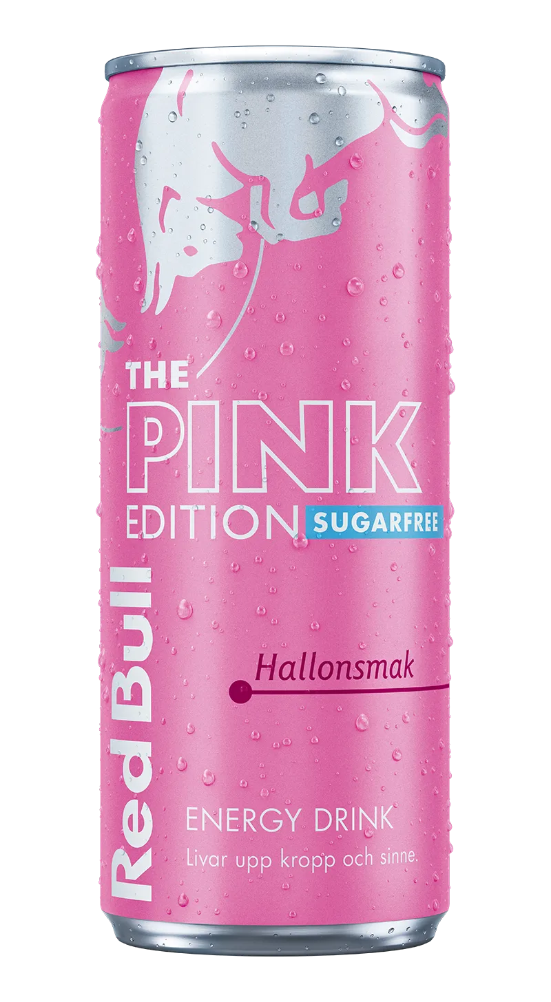 Une canette rose Red Bull avec des gouttelettes d'eau. On peut lire 'The Pink Edition Sugarfree Hallonsmak' et 'Energy Drink'.