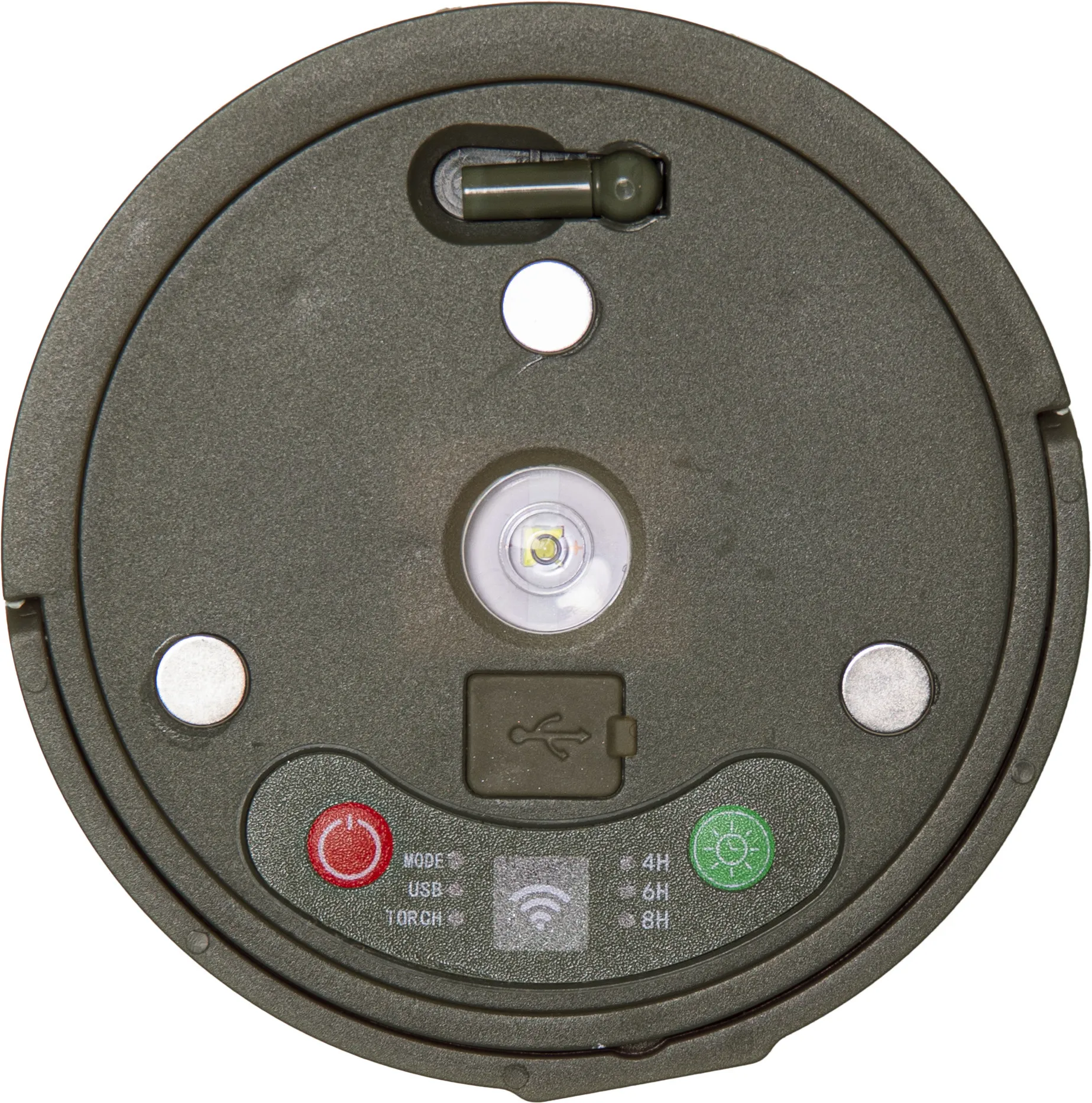 Dispositivo circolare verde oliva con pulsanti e luce. Include porta USB, pulsante di accensione, modalità luce e interruttore.