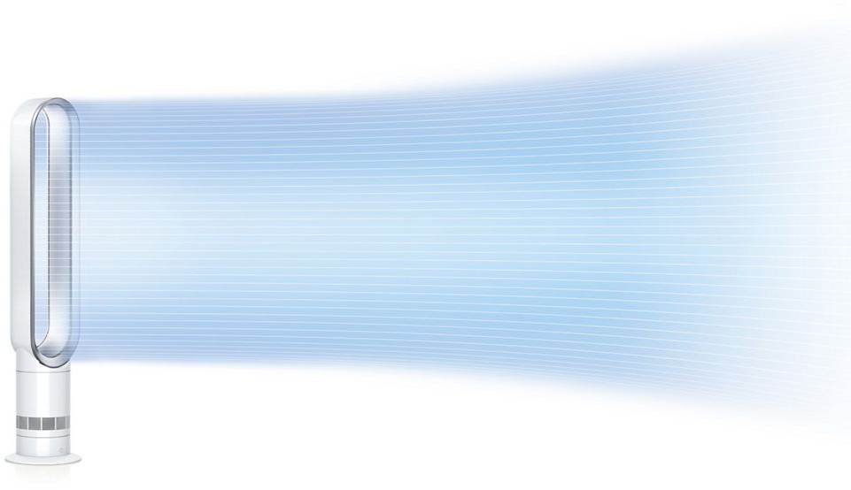 Un ventilateur Dyson blanc souffle de l'air bleu. Le ventilateur a un design circulaire sur le dessus et repose sur une base blanche.