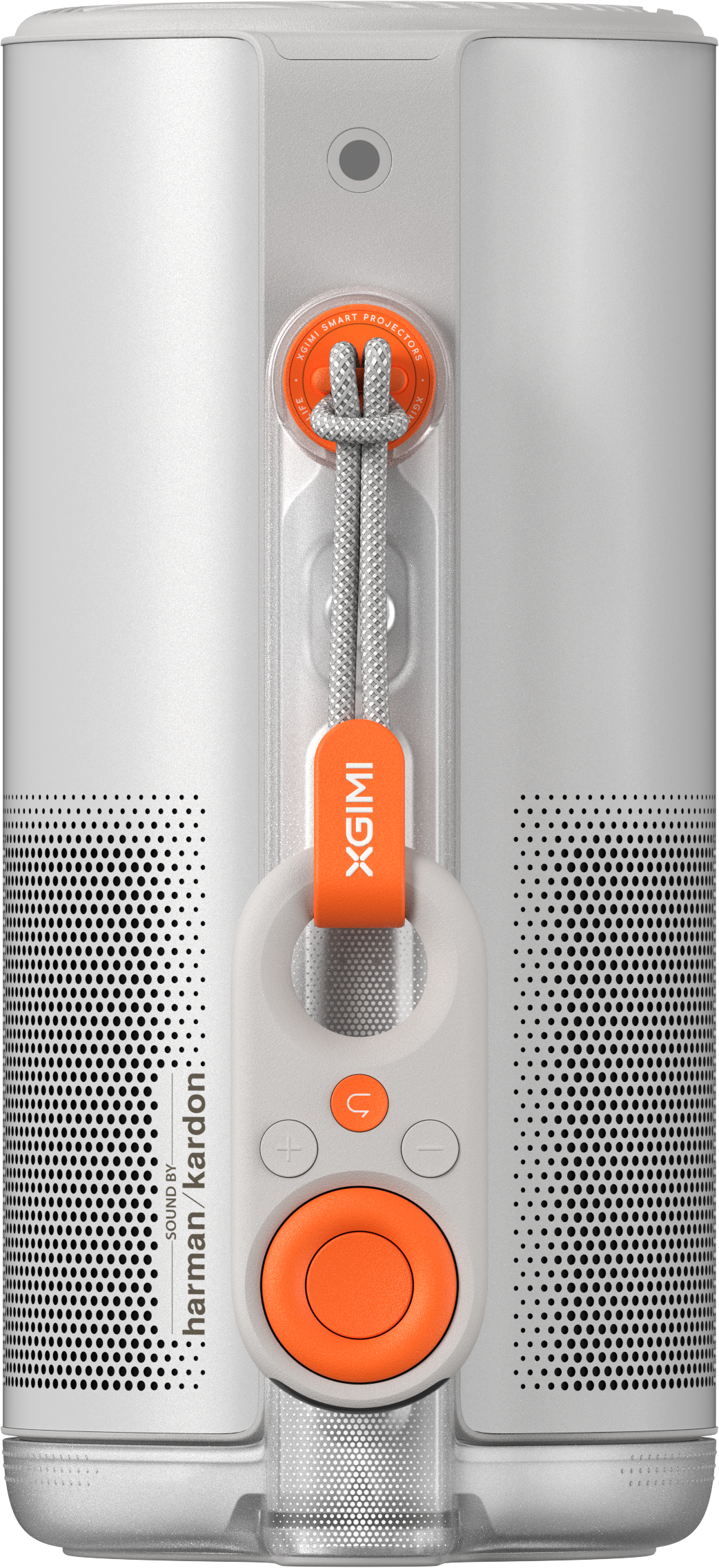 Un haut-parleur cylindrique blanc avec des accents orange. Il comporte un panneau de contrôle, une boucle et le logo XGIMI.