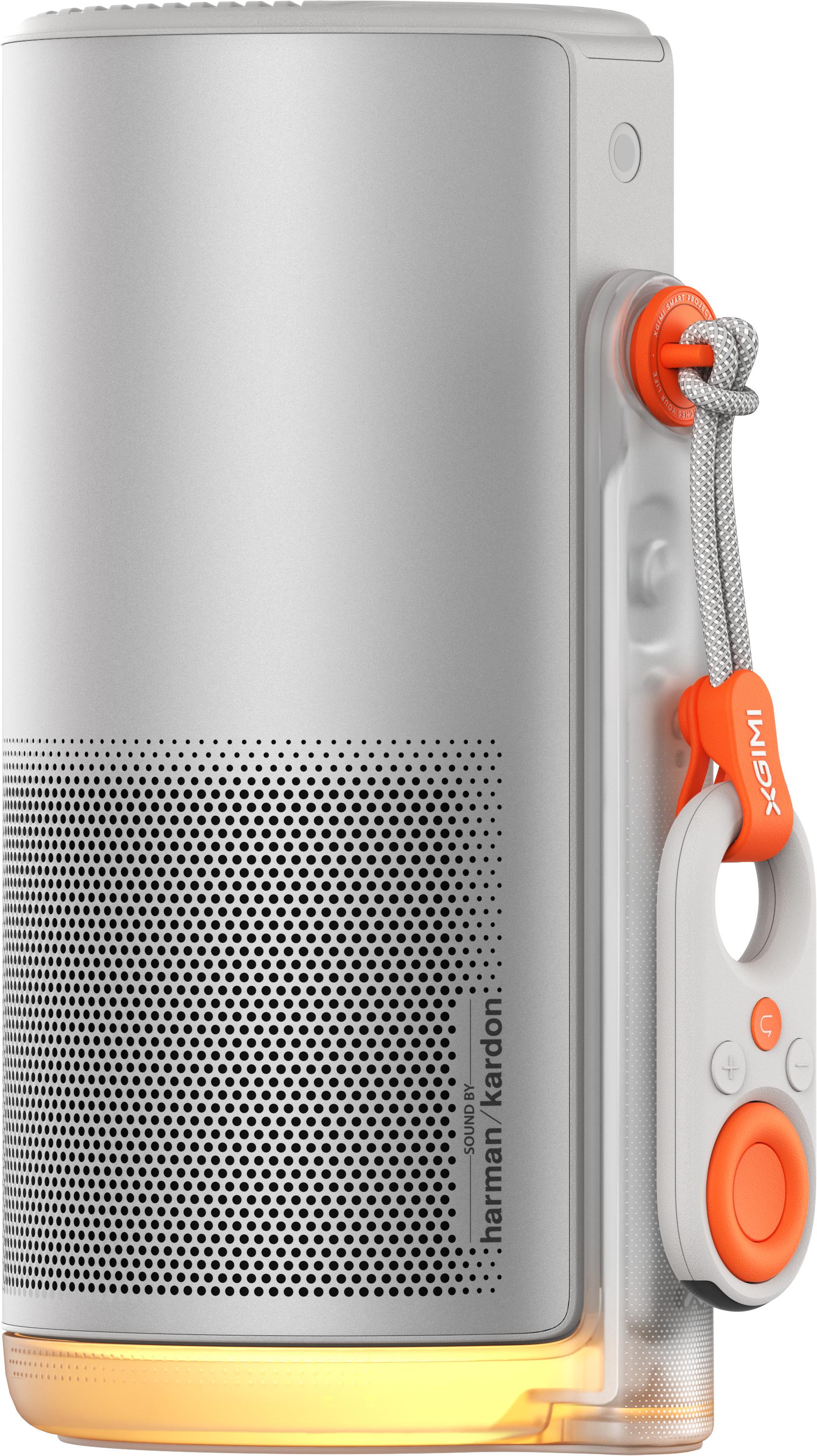Un haut-parleur blanc et gris avec une télécommande orange attachée. Il a un maillage noir et le nom de la marque est visible.