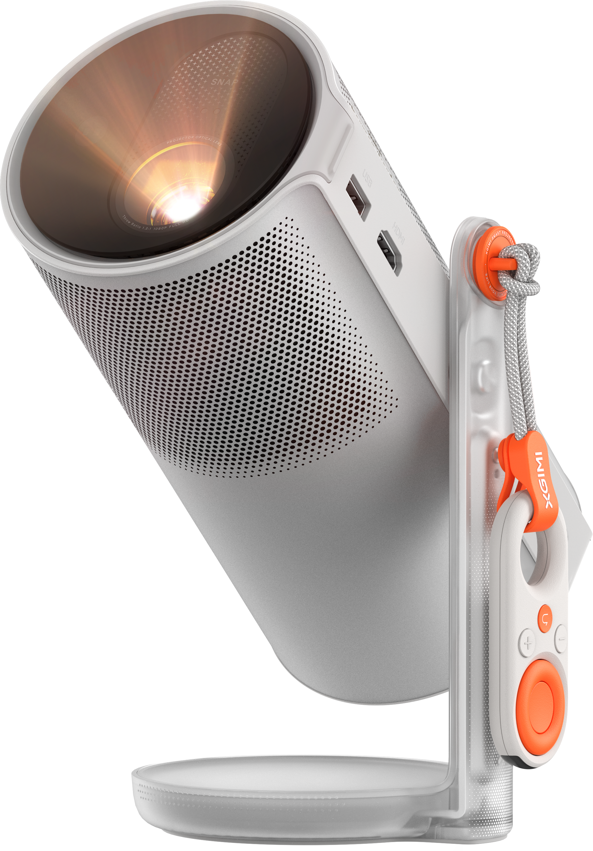 Un projecteur blanc avec un corps cylindrique, fixé à un support et une télécommande blanche avec des accents orange.