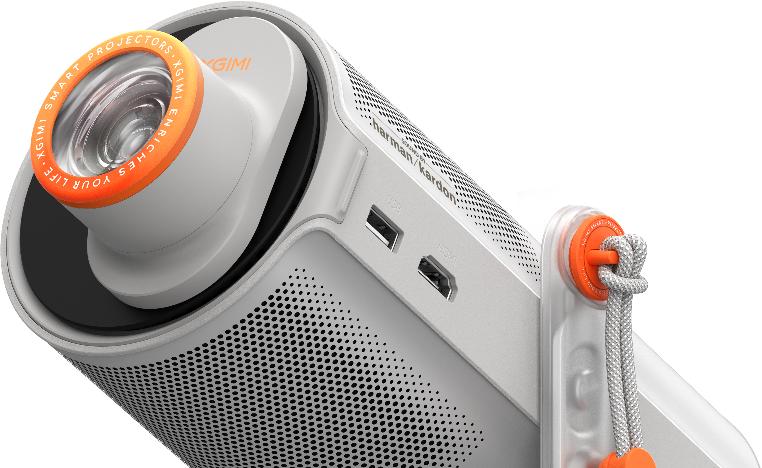 Un projecteur blanc et gris avec une bague d'objectif orange. Il possède des ports USB et HDMI. Une sangle blanche est attachée.