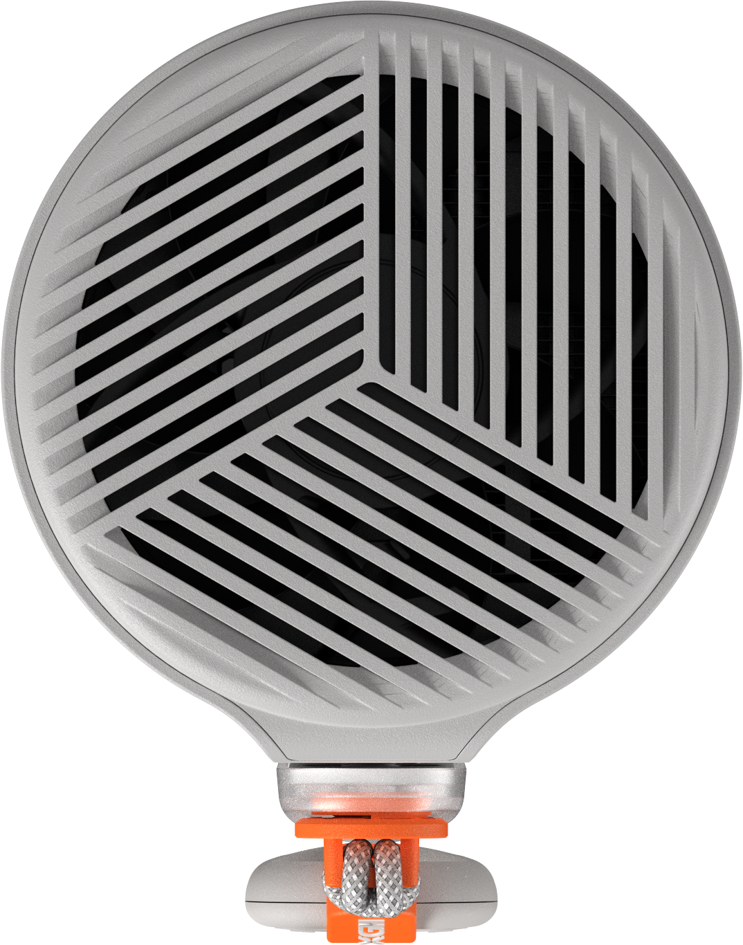 Haut-parleur circulaire gris avec grille noire. Accents orange à la base et cordon gris et orange.