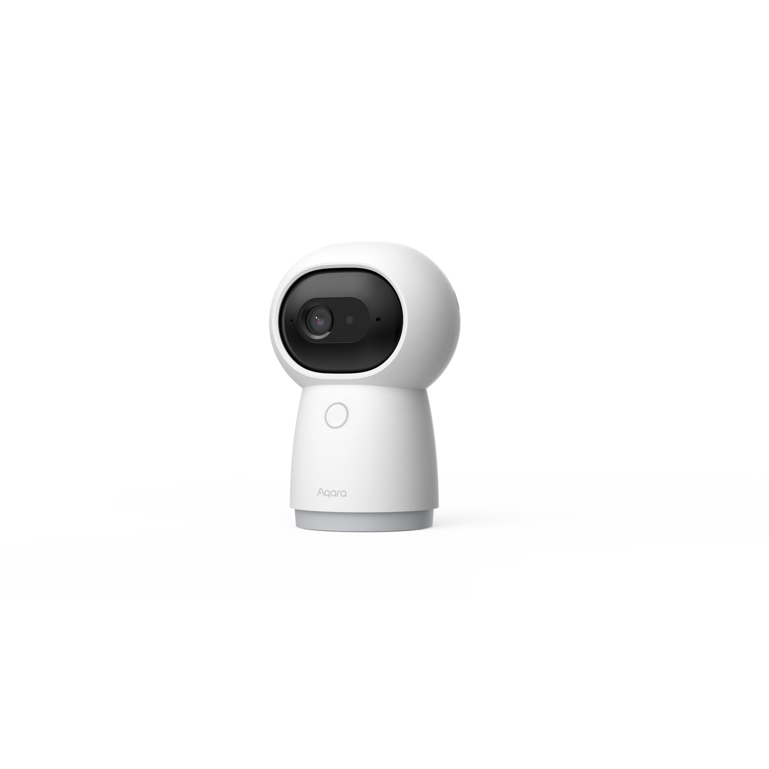 Een witte beveiligingscamera met een zwarte lens. Het heeft een afgeronde bovenkant en een cilindrische basis, met het merk 'Aqara'.