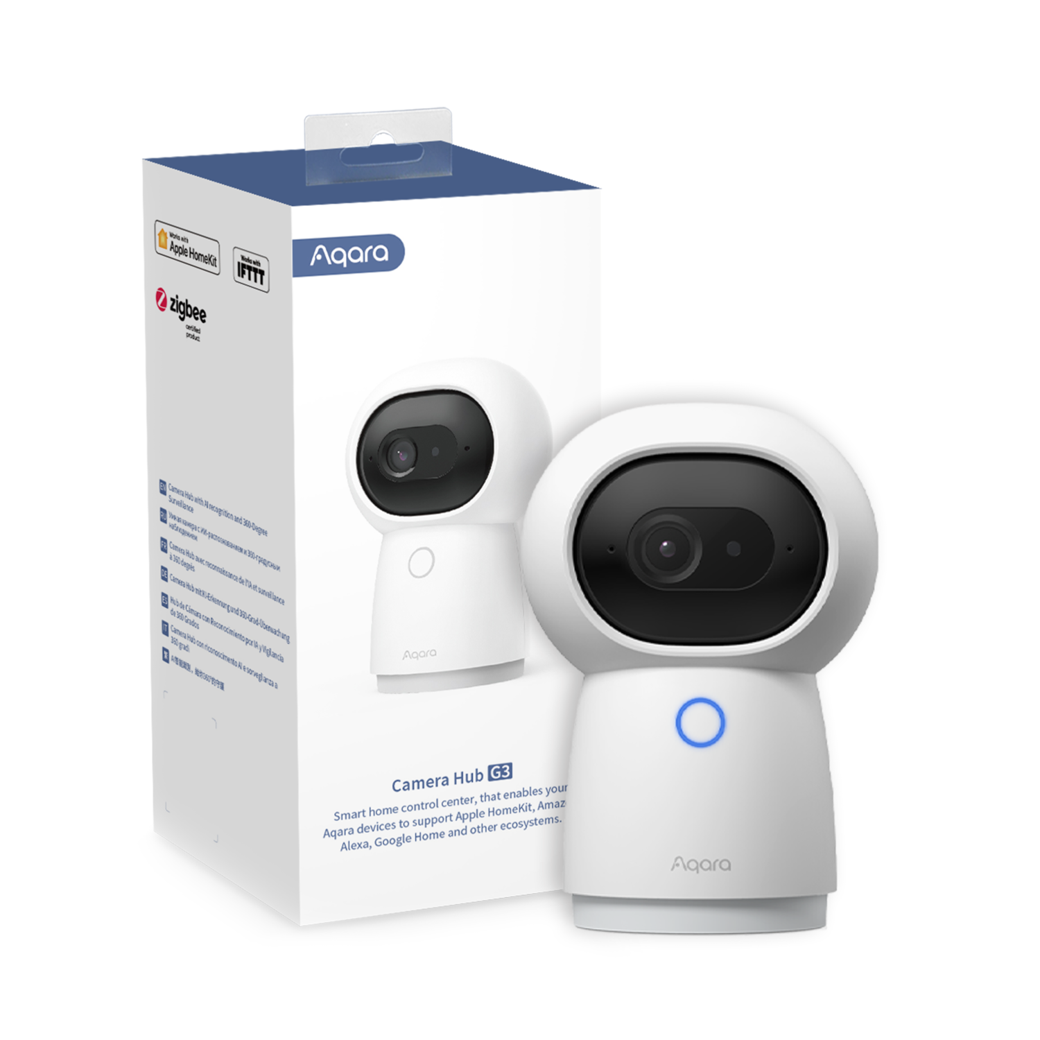 Witte Aqara Camera Hub G3 met doos. Functies: Apple HomeKit, Zigbee en IFTTT. De camera heeft een blauwe ring.