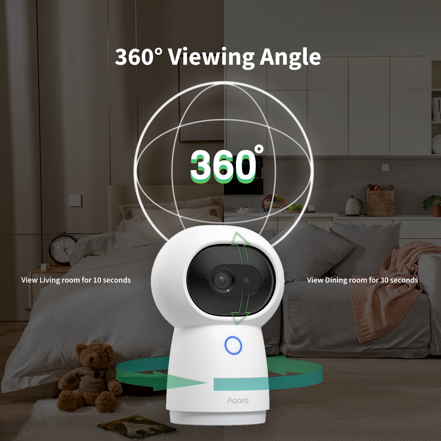 Een witte beveiligingscamera met een 360 graden weergave wordt getoond. De camera staat in een woonkamer. Tekst zegt 'Bekijk de woonkamer 10 seconden lang'.